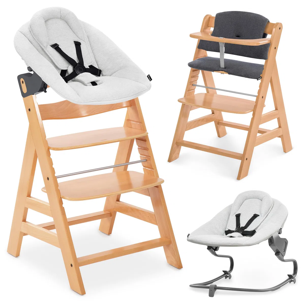 hauck Alpha Plus Set Trona Bebé con Bouncer Premium - Natural | Trona evolutiva de madera hasta 90 kg | hamaca reclinable recién nacidos, cojín algodón y arnés 5 puntos
