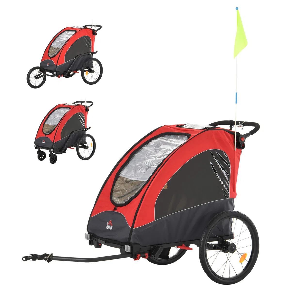 HOMCOM Remolque Infantil 3en1 para Bicicleta Carro de 2 Plazas para Niños de +6 Meses Plegable Ruedas Giratorias y Manillar Ajustable 150x85x107 cm