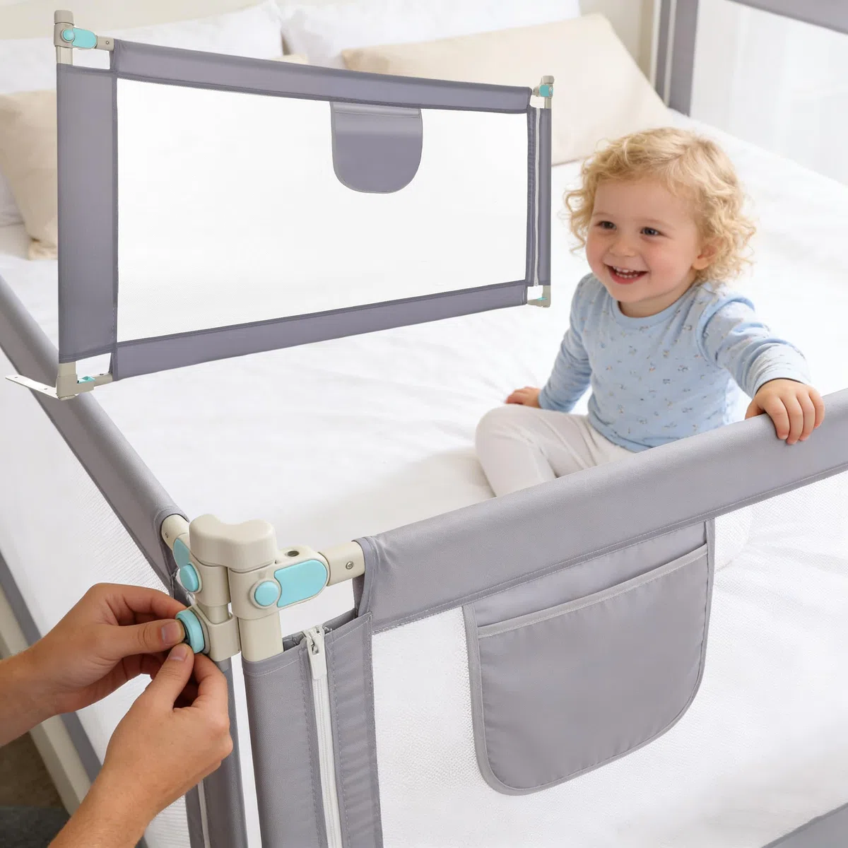 Barrera Seguridad Niños Cama, Barandilla Cama 180+200+200cm, Protección Anticaídas con Malla Transpirable, Barandilla Regulable en Altura 69-98 cm, Pasamanos con Bolsillo Lateral, Apto para Boxspring