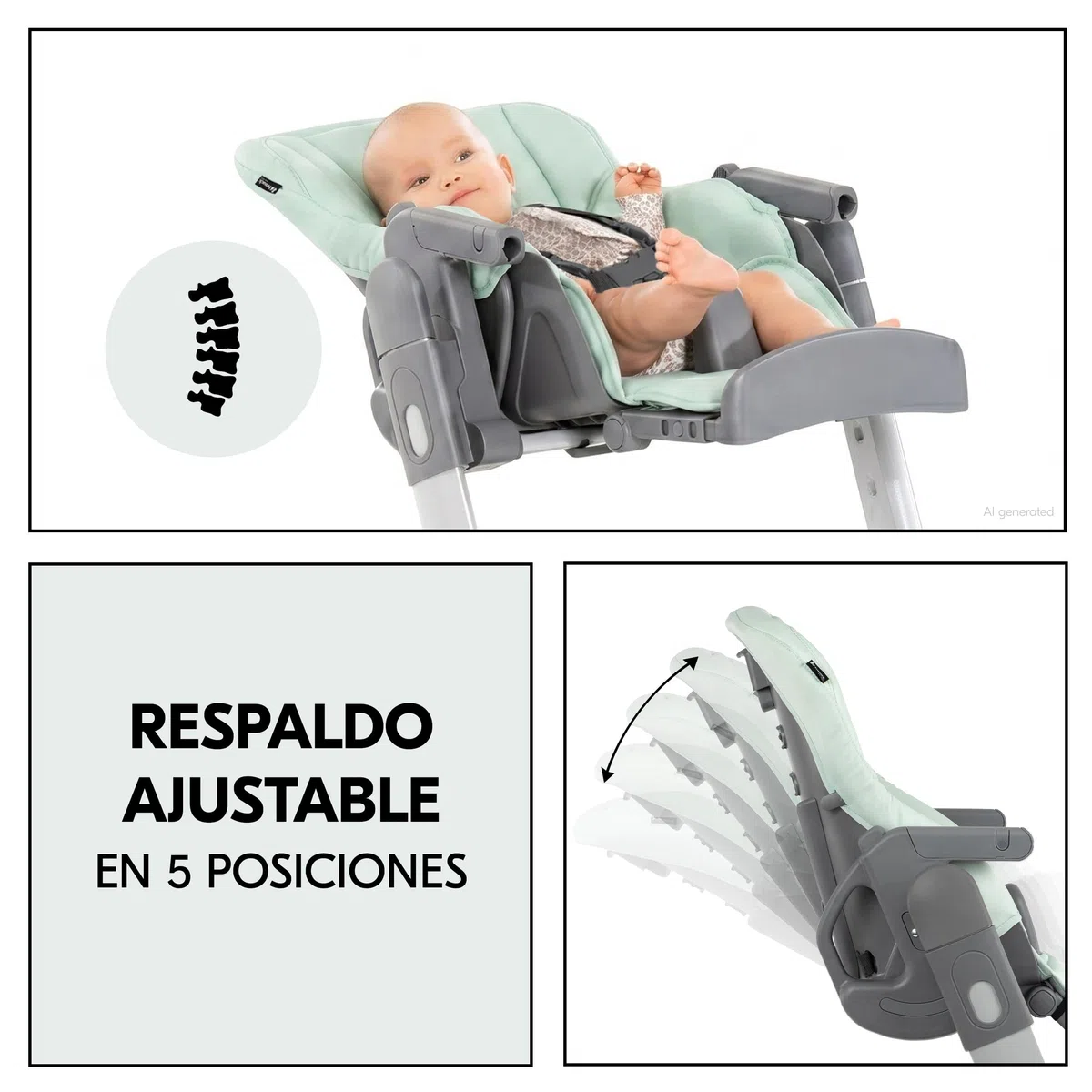 hauck Grow Up Tronas de Bebe Plegables Aptas desde el Nacimiento – Silla Alta con Función Acostada - Bandeja - Ruedas - Altura Regulable - Evolutiva - Portátil - Menta