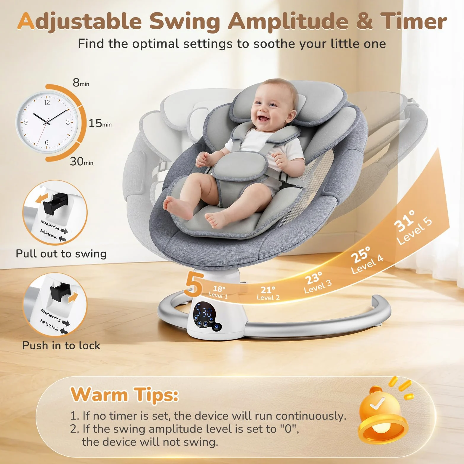 Hamaca Eléctrica para Bebé con Mando a Distancia y App,Mecedora con 5 Velocidades de Balanceo,3 Temporizadores,Arnés de 5 Puntos,2 Posiciones del Asiento,Silla Mecedora para 0-9 kg de Bebé-Gris