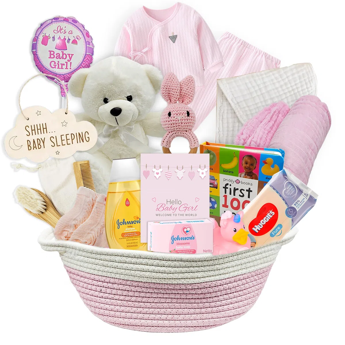 Cesta de regalo para niña nueva | Set de regalo único para una nueva mamá Set de regalo de bebé rosa. Paquete de bienvenida para el cuidado del bebé, todo con paquete esencial para recién nacidos para