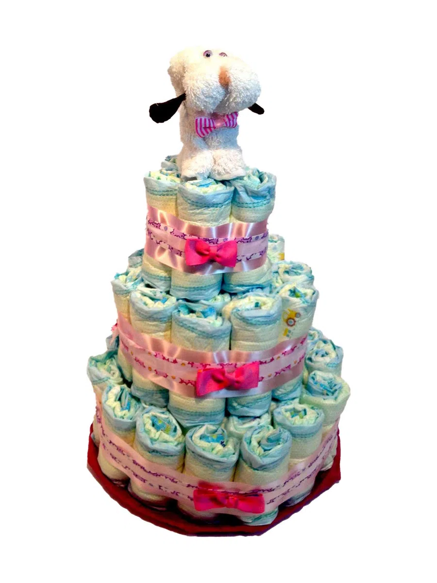 Tarta de pañales perrito toalla blanco (Talla 2 (3-6 kg)) by MomentosGourmet Añade tu dedicatoria personalizada. Regalo para bebé muy práctico. Cesta Canastilla recién nacido. Diaper Cake