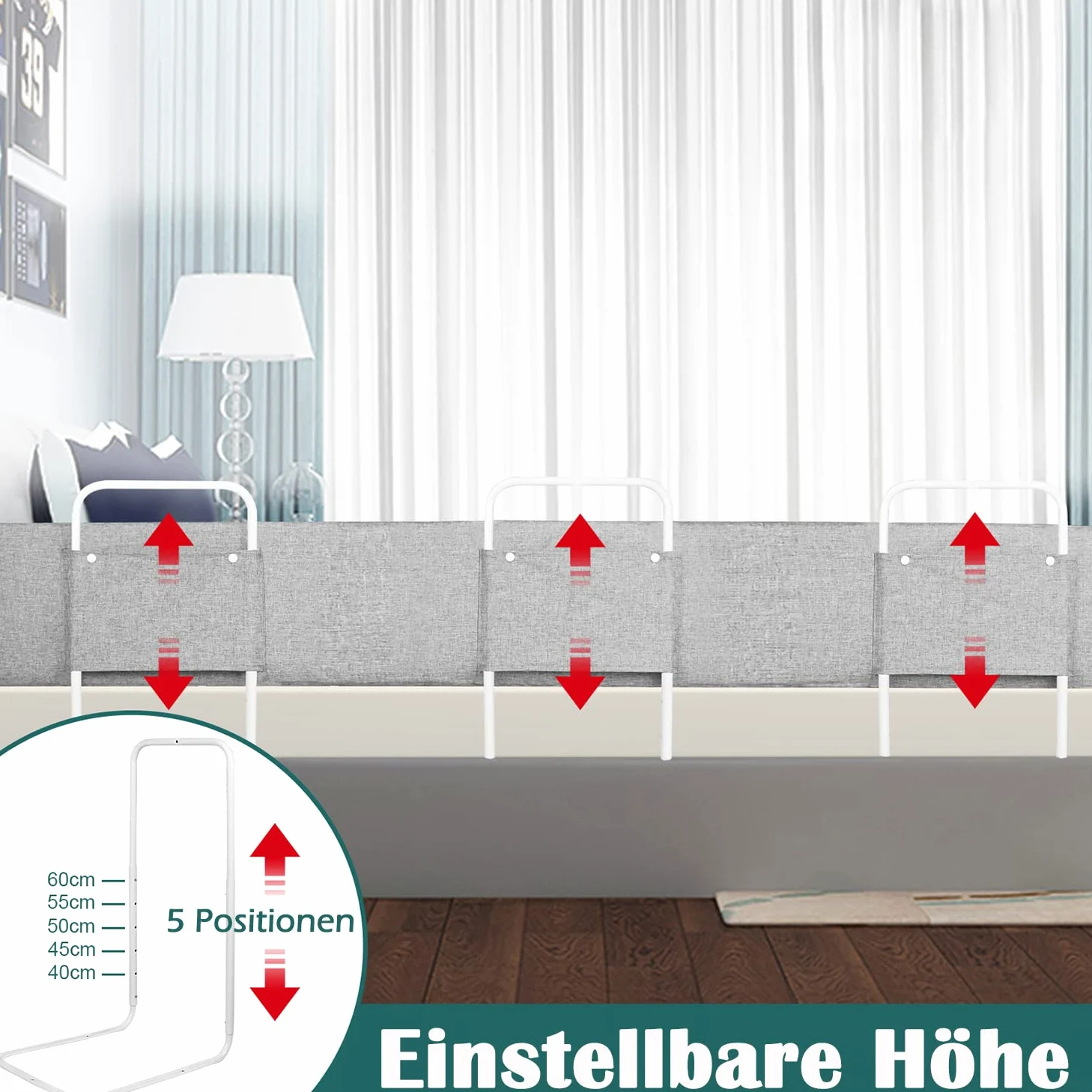 FIVMEN Barrera para cama de 200 cm, 40 – 60 cm, 5 agujeros, altura ajustable, borde de cama flexible