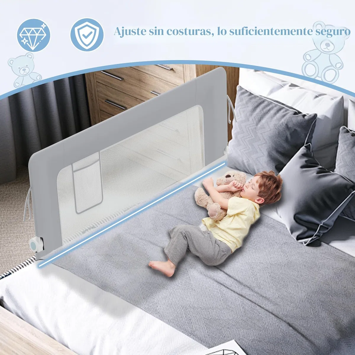 NAIZY Protección anticaídas para cama barandilla 180cm plegable barrera de cama bebé con bolsillos de almacenamiento, barrera protectora de cama ajustable en altura barrera para cama infantil para