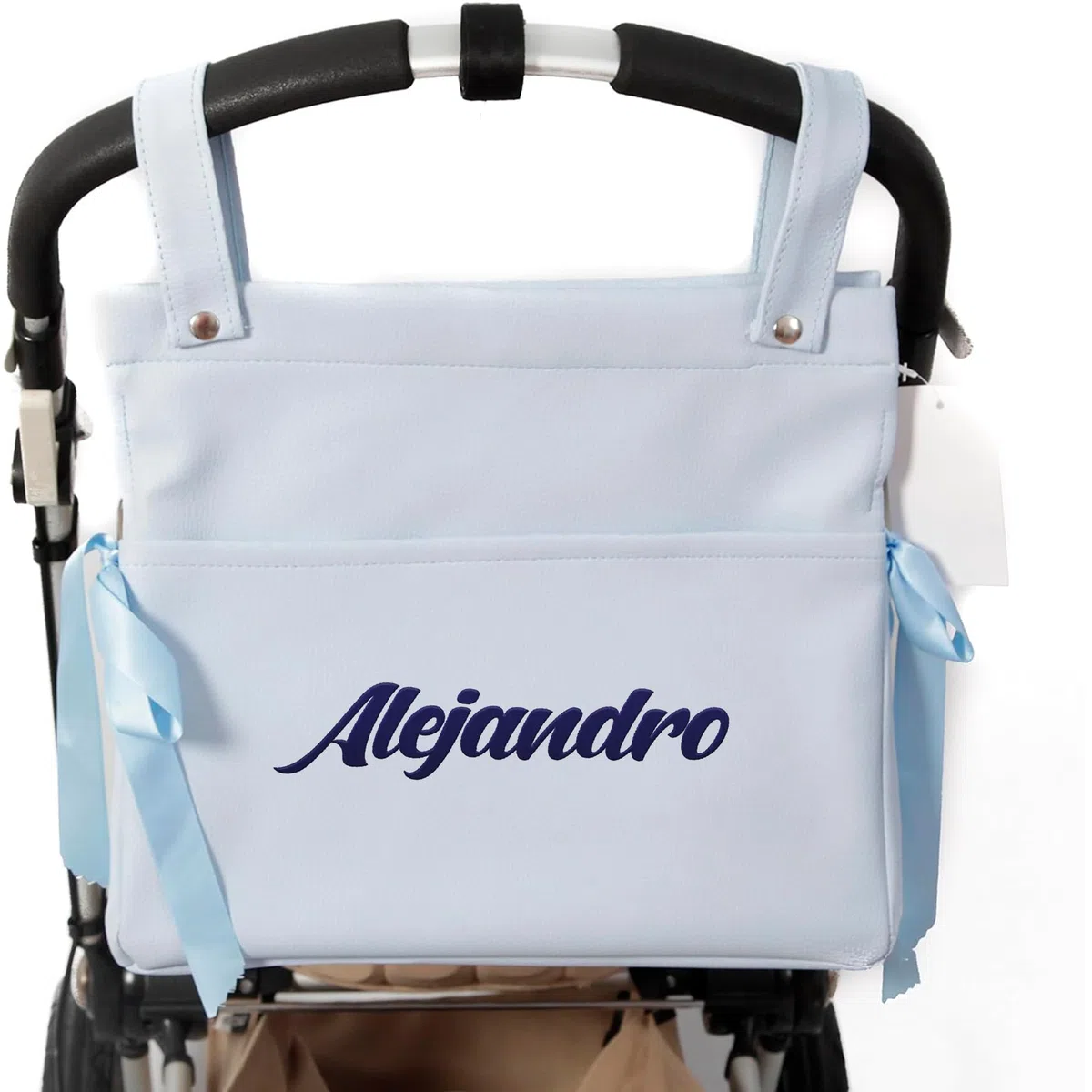 Danielstore - Bolso Carro Bebé Personalizado | Organizador Pañaleras con Nombre | Diseño Urbano y Elegante | Bolsillos Internos y Externos | Fácil Limpieza, Azul, 40x35x10 cm, Polipiel