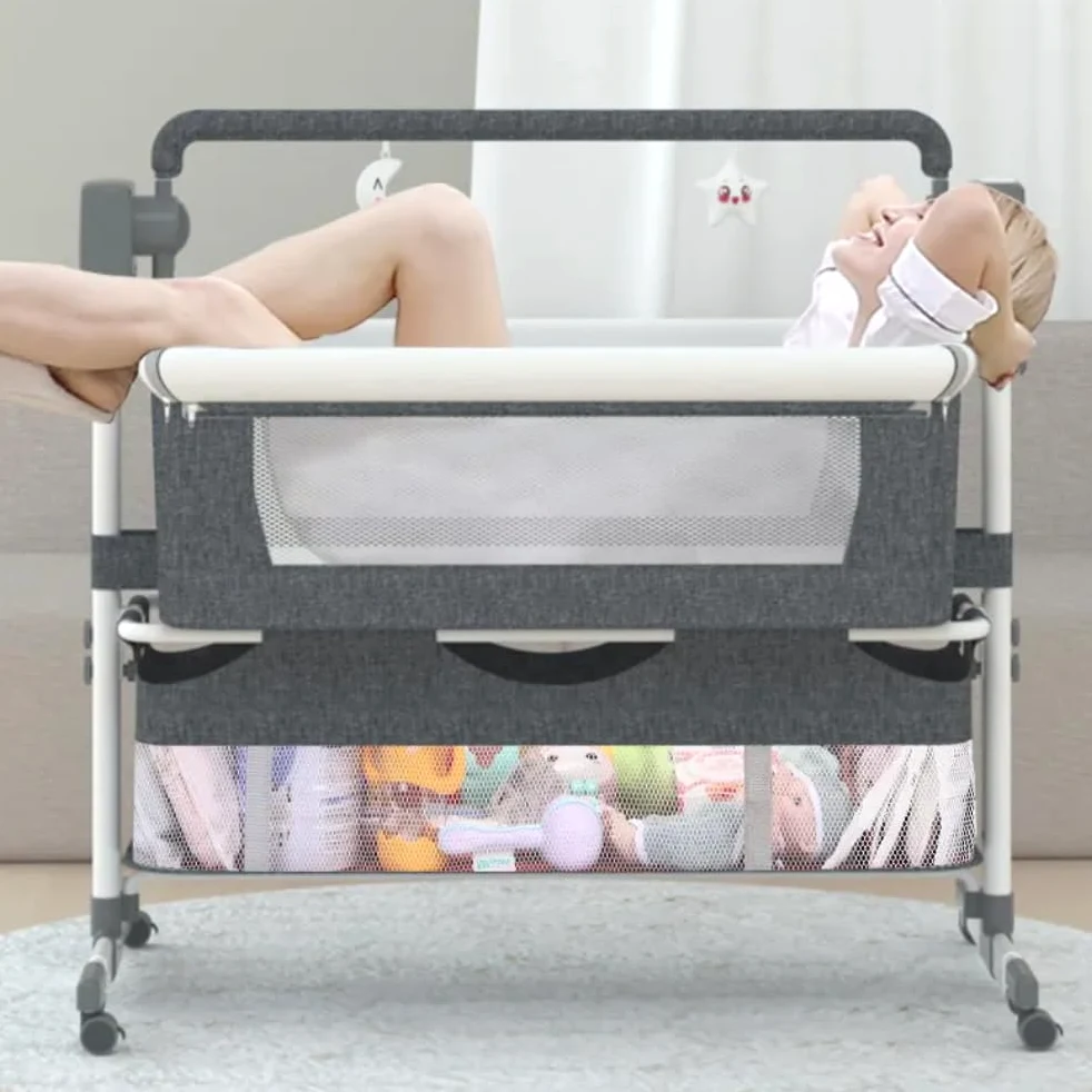 Cuna de Bebé Ajustable con Estructura Segura y Malla Transpirable,Beige | Cuenta con colchón, mosquitera, ruedas y cesta amplia para guardar accesorios