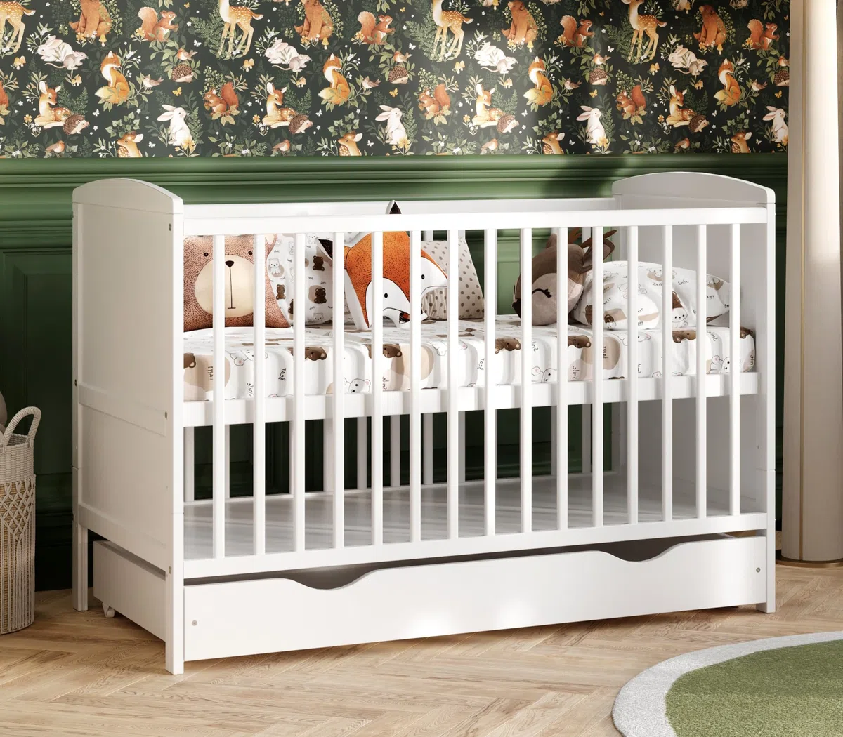 Genérico Cuna Bebé Convertible 60x120 cm con Cajón, 3 Alturas de Somier, 3 Barrotes Extraíbles, Cama Infantil Evolutiva Blanca (sin colchón)
