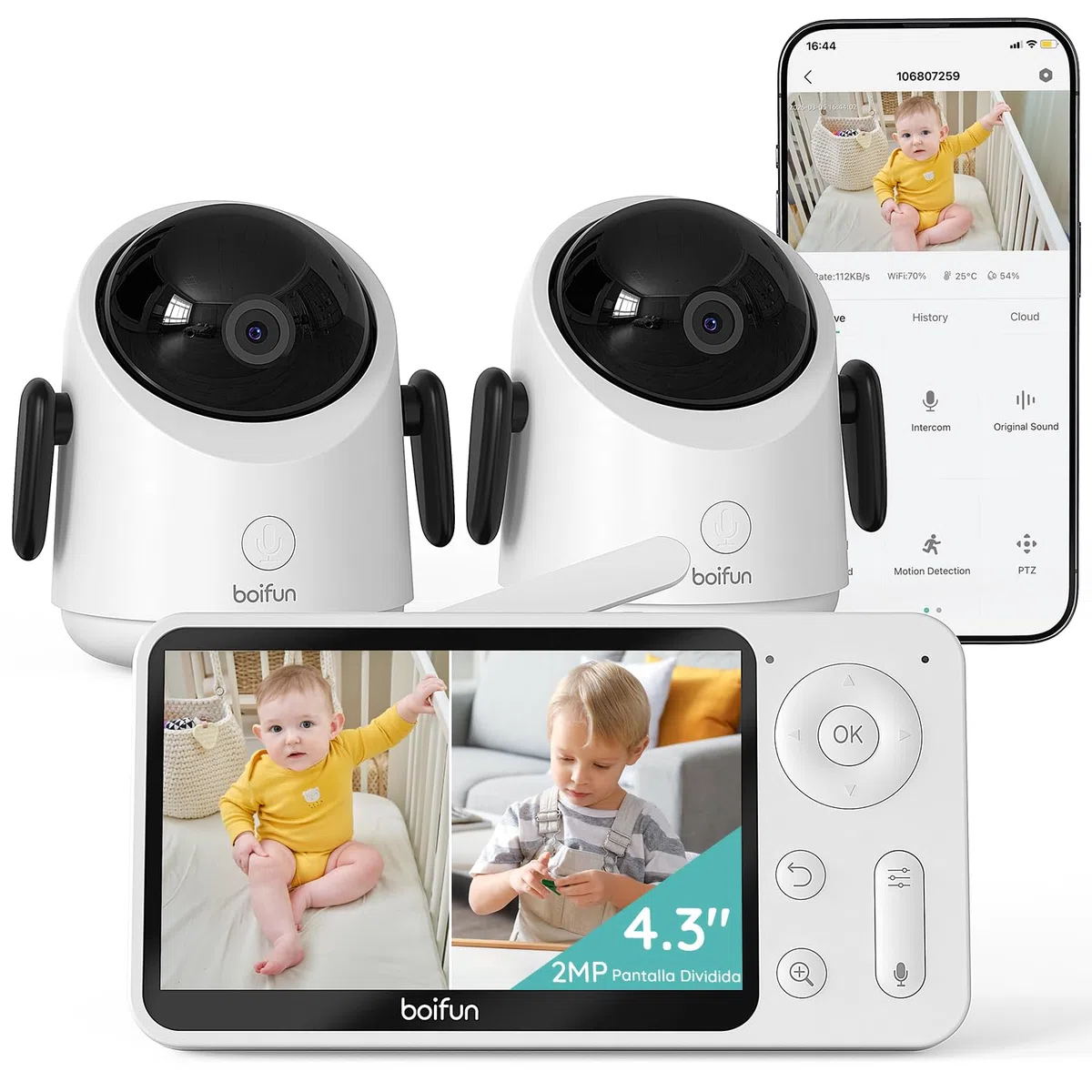 BOIFUN Vigilabebes con 2 Camaras con App Movil, 1080P Camara Vigilancia Bebe Pantalla Dividida, 360°Seguimiento Automático, Monitoreo de Movimiento, Valla Virtual con IA, Zoom 4X