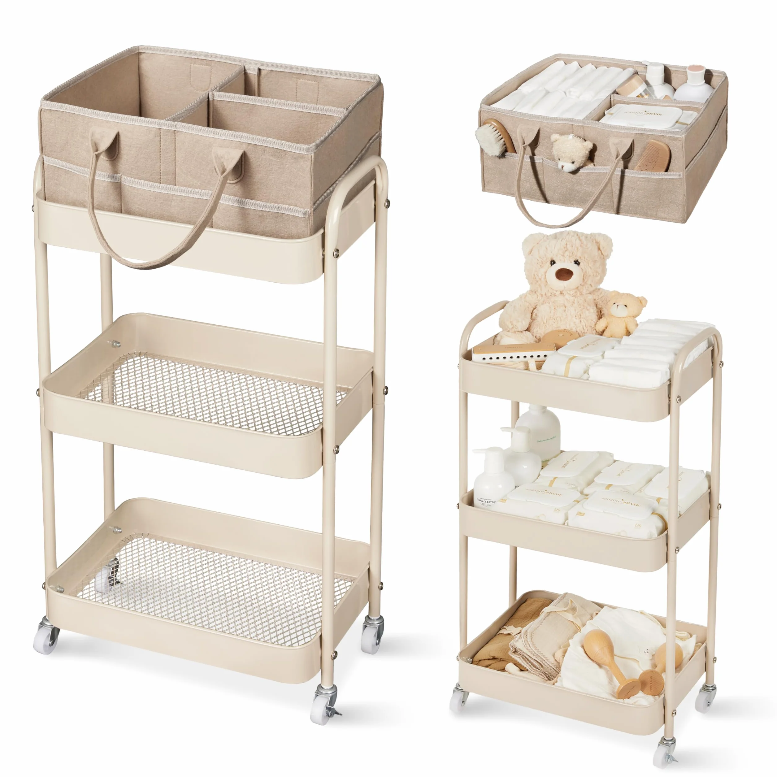 Fortella Carrito Auxiliar con Ruedas 3 Niveles, Cesta Bebe Recien Nacido Niño Fieltro Portátil,Almacenamiento Hogar,Organizador Pañales para Bebé Regalos Bebe,Multifuncional Carrito Cocina Baño Marrón