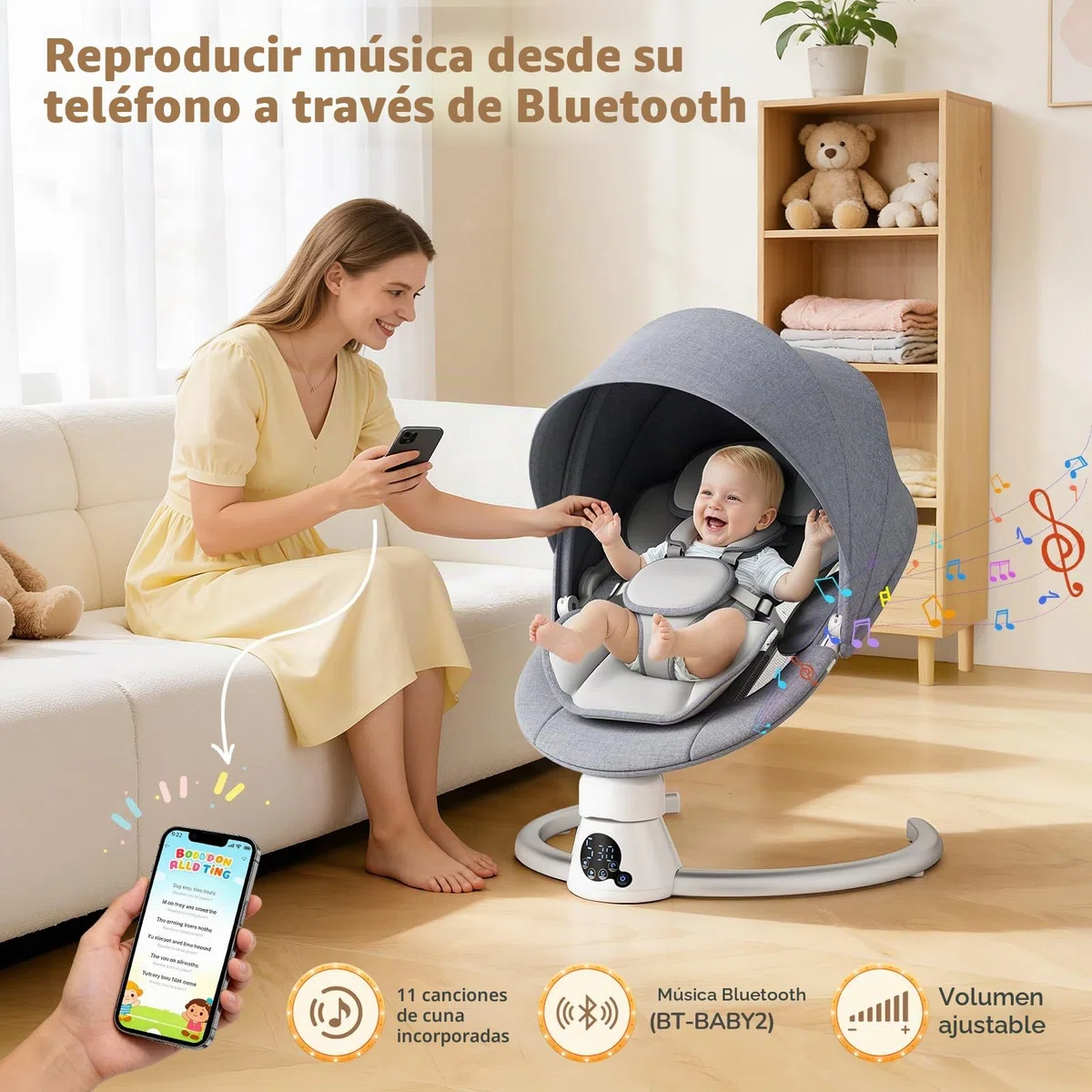 Hamaca Eléctrica para Bebé con Mando a Distancia y App,Mecedora con 5 Velocidades de Balanceo,3 Temporizadores,Arnés de 5 Puntos,2 Posiciones del Asiento,Silla Mecedora para 0-9 kg de Bebé-Gris