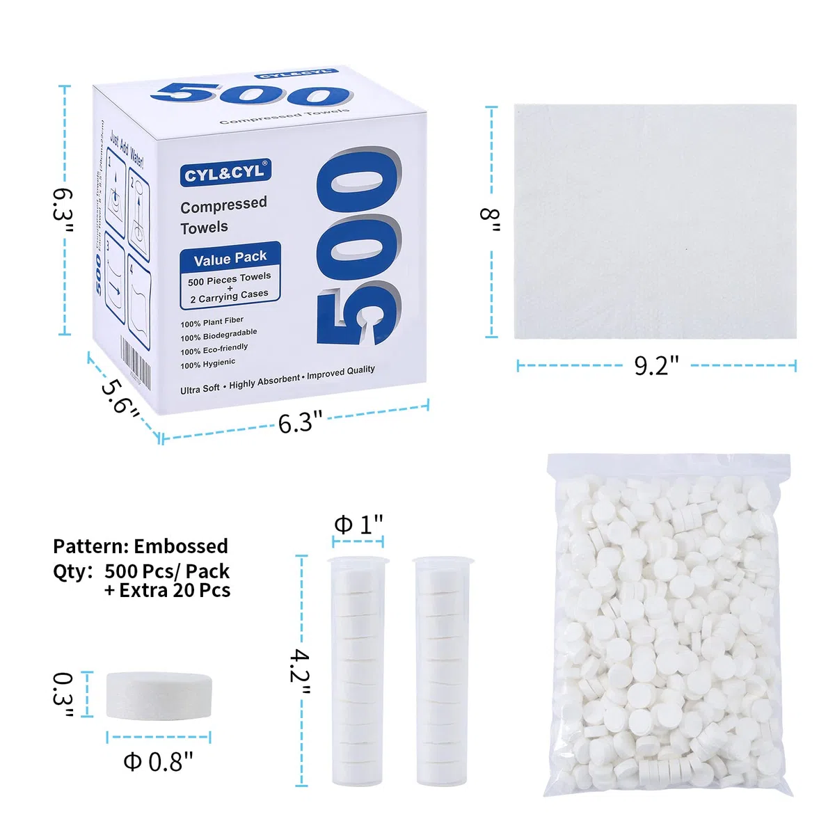 Paquete de 500 toallas comprimidas desechables ultra suaves con 2 fundas de transporte, toallitas de viaje de algodón, toalla mágica de mini moneda, pastillas de papel higiénico, para el hogar, baño,