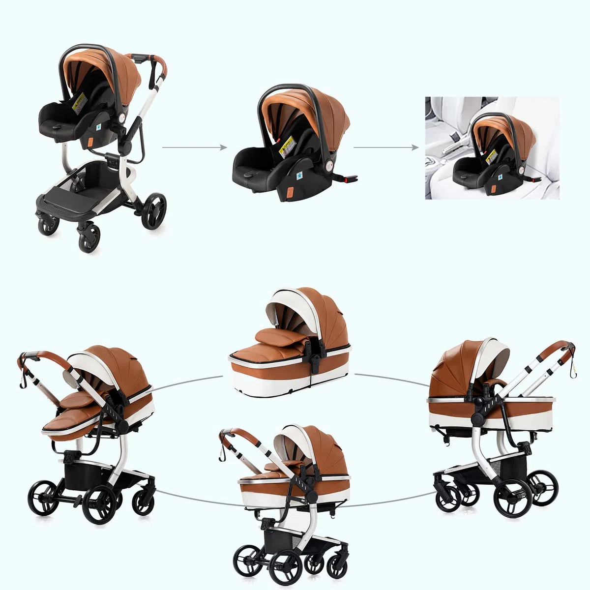 3 en 1 Sistema de Viaje Para Bebé 3 en 1 Cochecito de Paisaje Alto Carrito con Capazo Silla de Paseo Cochecito de Bebé Reclinable Cochecito Estándar Plegable de Recién Nacido (khaki 518)