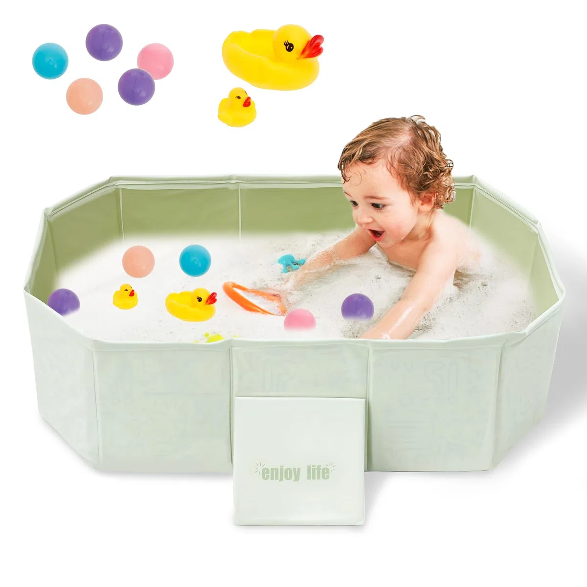 Bañera de bebé Plegable, para niños pequeños con 5 Bolas, 2 Patos, bañera integrada para niños con Tornillo de Drenaje, bañera de Ducha portátil integrada para bebés para niños de 0 a 8 años