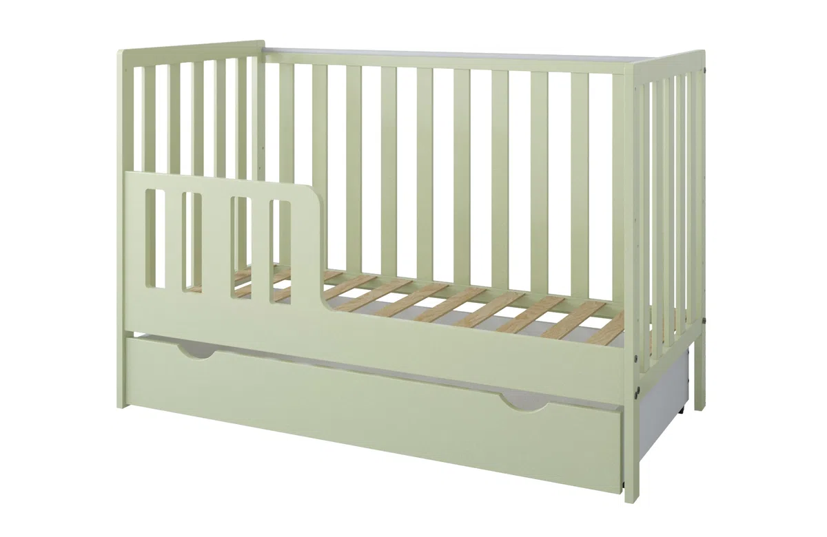 zee Cuna Bebé LUMI 120x60 cm 2 en 1 Convertible en Cama Infantil Verde Menta con Cajón y Barandilla Seguridad Madera de Pino Altura Regulable EN 716