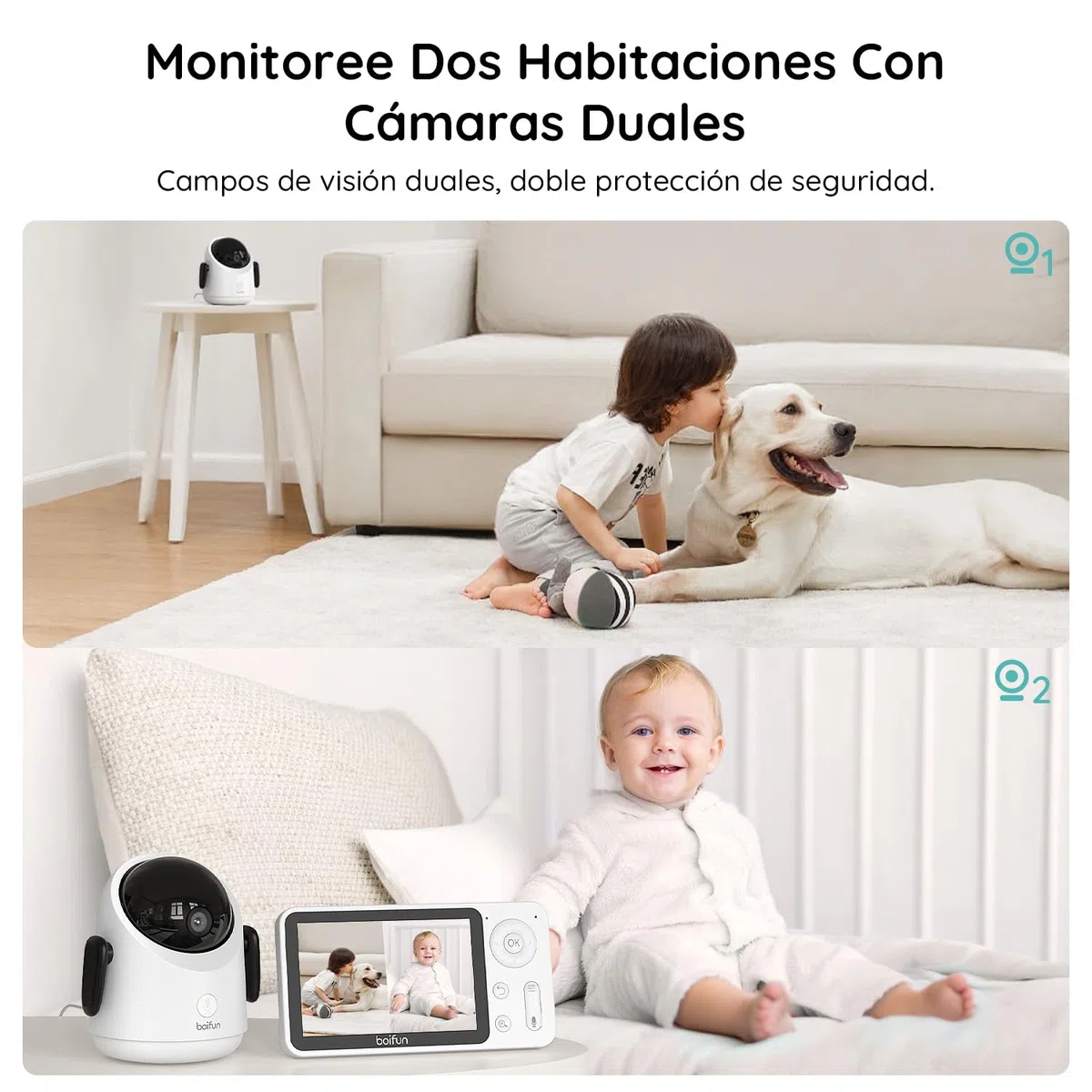 BOIFUN Vigilabebes con 2 Camaras con App Movil, 1080P Camara Vigilancia Bebe Pantalla Dividida, 360°Seguimiento Automático, Monitoreo de Movimiento, Valla Virtual con IA, Zoom 4X