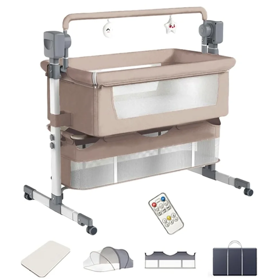 Cuna de Bebé Ajustable con Estructura Segura y Malla Transpirable,Beige | Cuenta con colchón, mosquitera, ruedas y cesta amplia para guardar accesorios