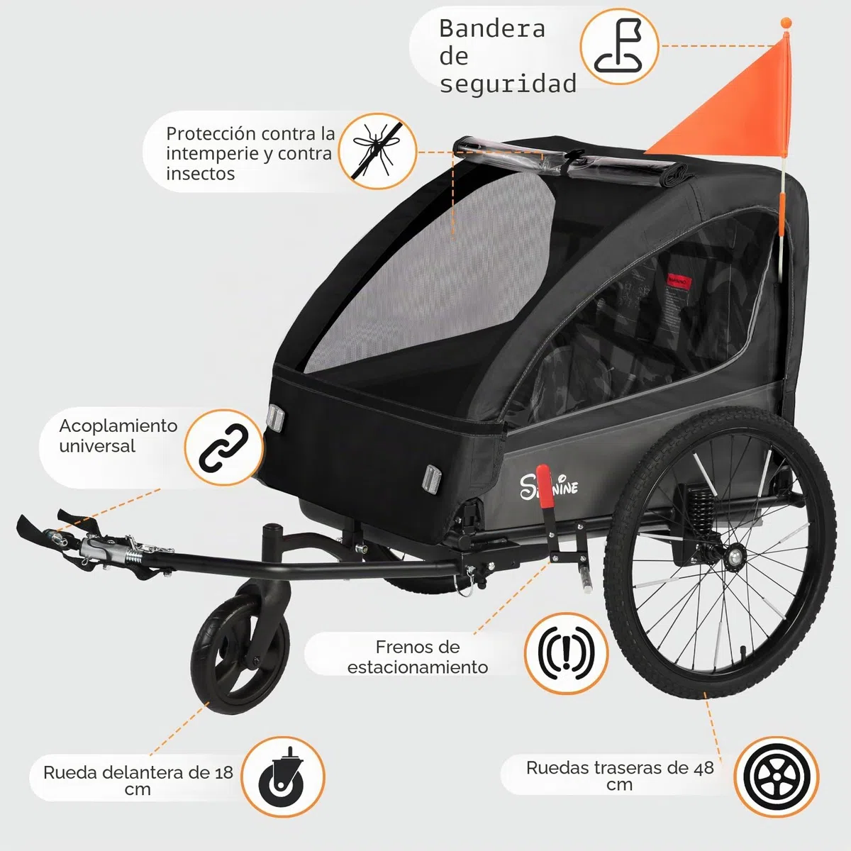 SEPNINE Remolque Infantil 2 en 1 y Cochecito con suspensión, Remolque de Bicicleta para 1 a 2 niños máximo, función de Jogger, Plegable, Amplio Maletero