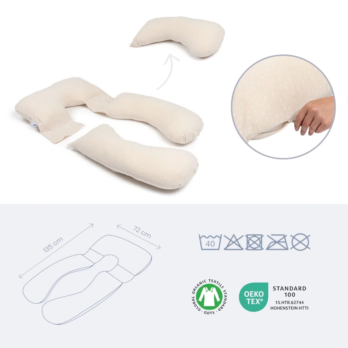 doomoo Almohada XXL, cojín de Embarazo y Lactancia, Algodón Ecológico y Certificado Oeko-Tex, Made in Europe, evolutivo con Cojín Pequeño Desmontable, Mini Flowers Sand