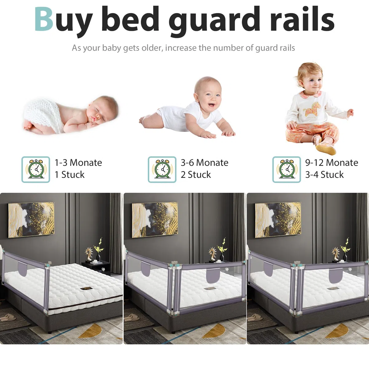 Barrera Seguridad Niños Cama, Barandilla Cama 180+200+200cm, Protección Anticaídas con Malla Transpirable, Barandilla Regulable en Altura 69-98 cm, Pasamanos con Bolsillo Lateral, Apto para Boxspring