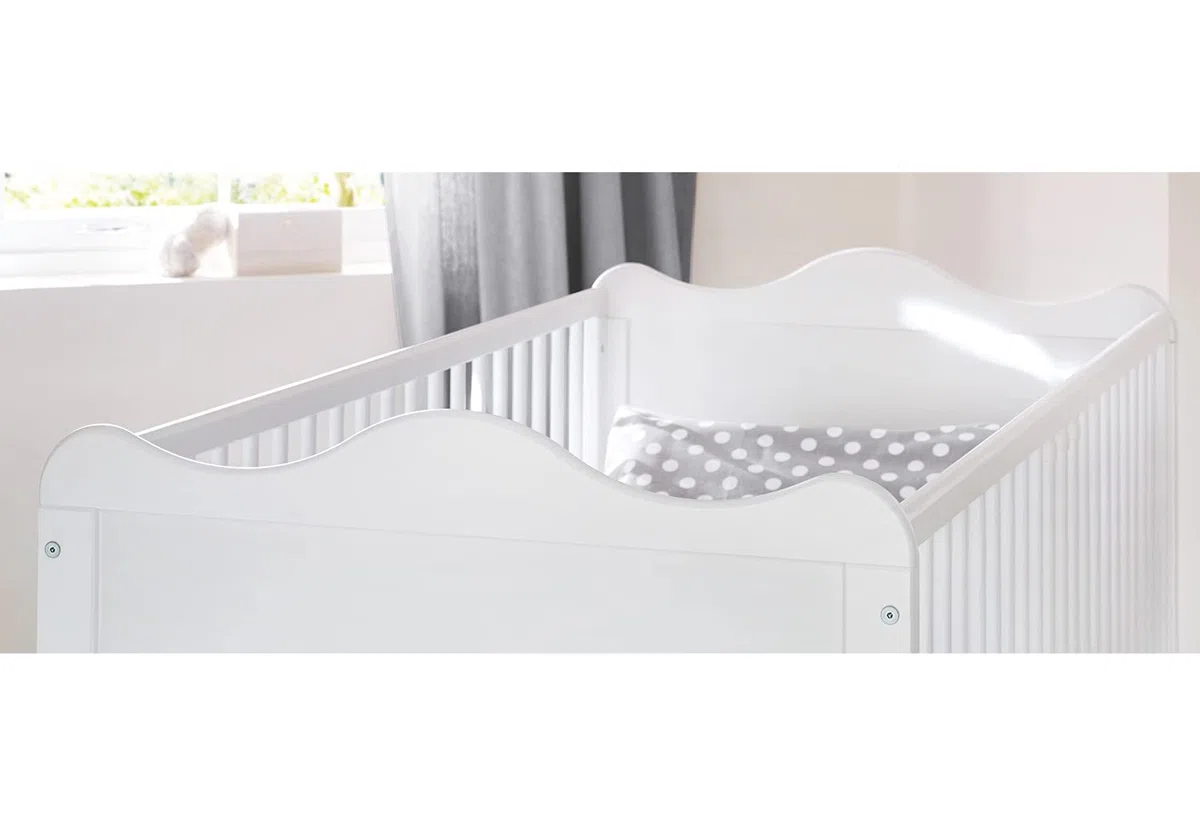 Pinolino Cuna Florentina, Cuna estable y convertible, regulable en altura en 3 posiciones, incl. bloques de conversión, pino lacado en blanco, decoración en blanco, para colchón de 70 x 140 cm, blanco