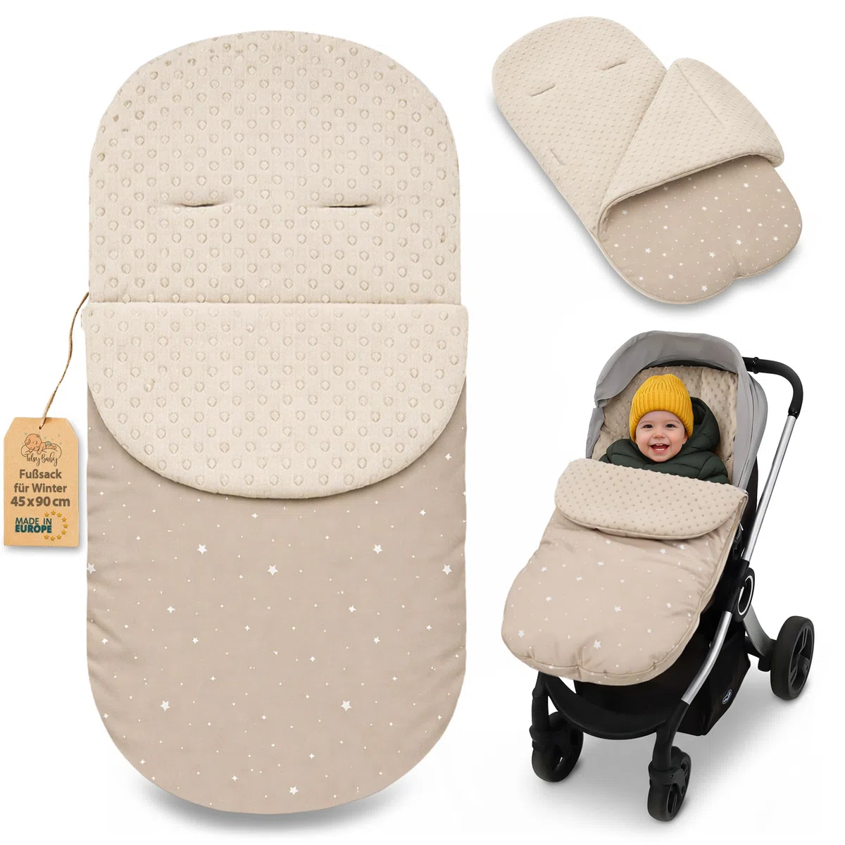 Saco para Carrito y Buggy de Invierno 90x45 cm - Saco de Invierno Forro Cálido Manta Envolvente Accesorio Bebé cálido Minky certificado Oeko-Tex Beige con estrellas blancas