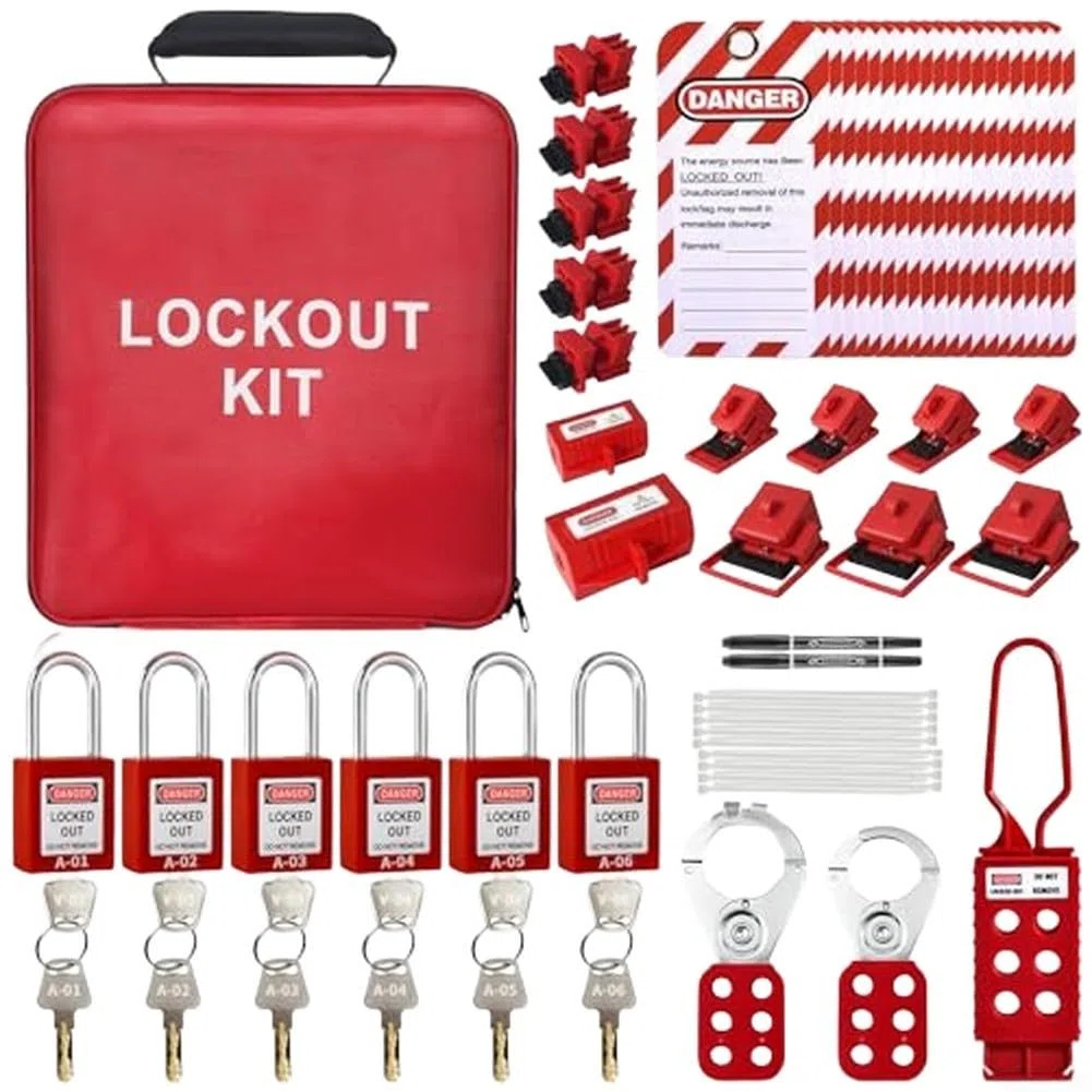 Kit de seguridad para equipos industriales con 6 cerraduras de seguridad, 5 cerraduras de disyuntor, 4 cerraduras de abrazadera, 3 cerraduras de abrazadera grandes