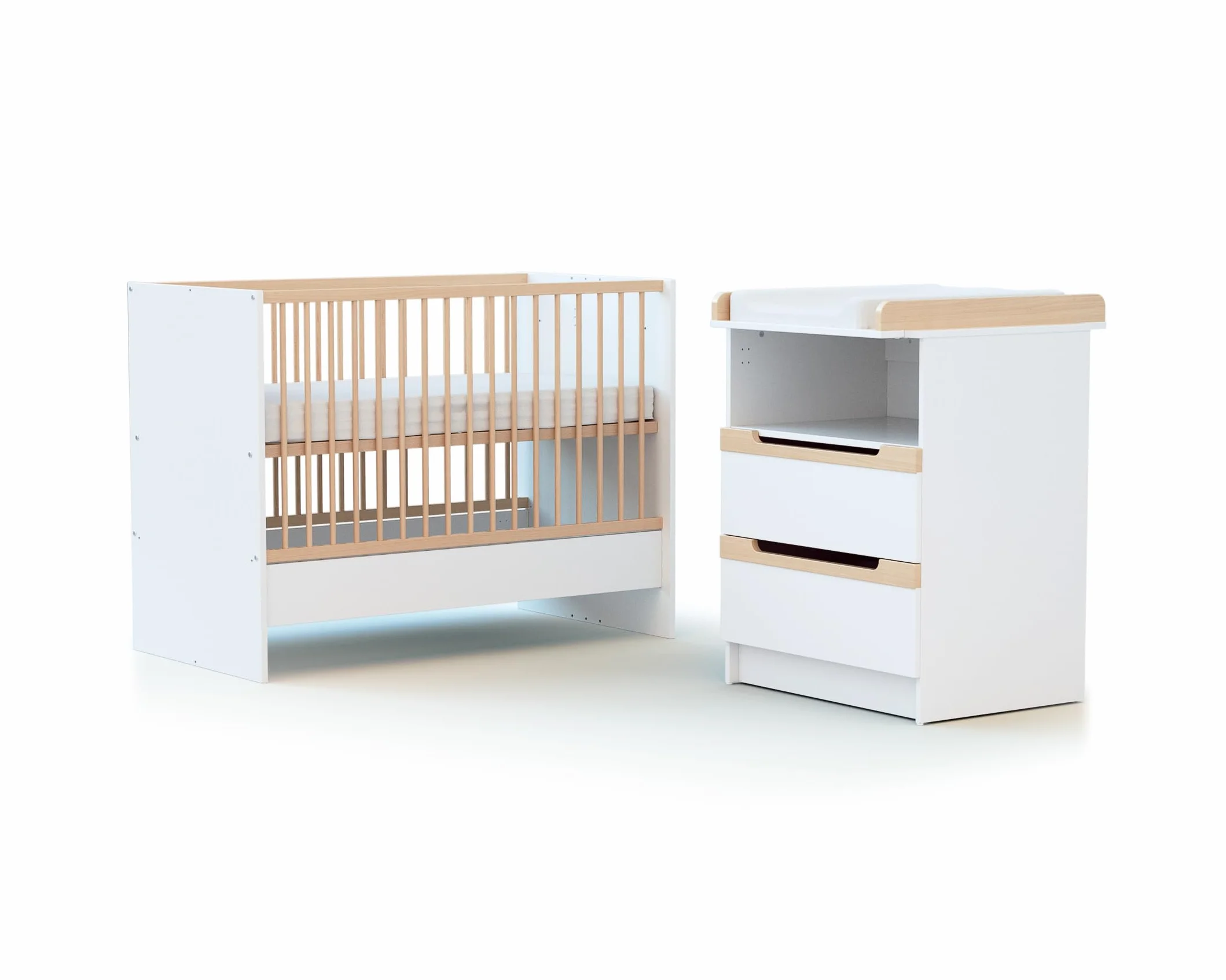 AT4 - Cuna bebé y cómoda cambiador CARROUSEL madera - Blanco/Haya Barnizada - 60 x 120-194 x 94 x 70 cm