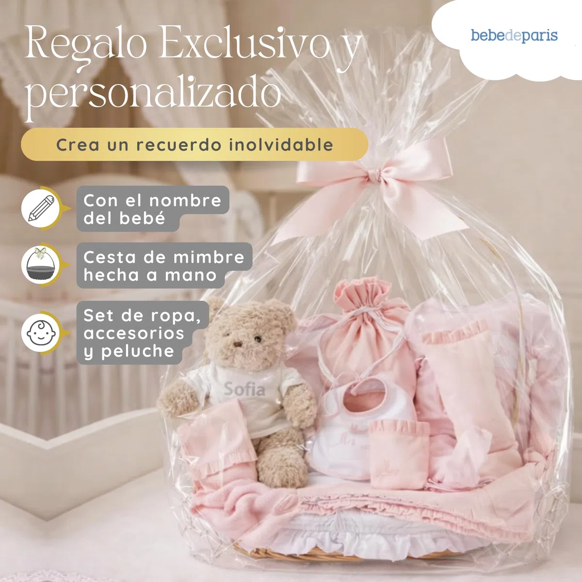 Canastilla Bebe Recien Nacido Personalizada | Cesta Regalos para Bebes Recien Nacidos Premium Clásica Plena | Cesta de Mimbre | 3 a 6 Meses (Rosa) | BebeDeParis