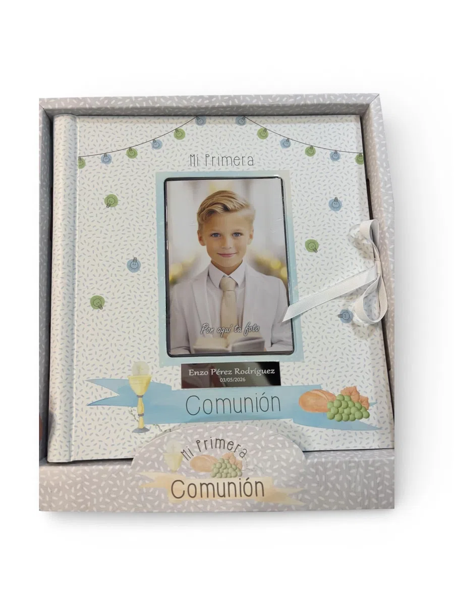 Libro de Comunión para Firmas Personalizado con Nombre y Fecha - Libro de Firmas y Fotos con Placa Grabada (Azul)