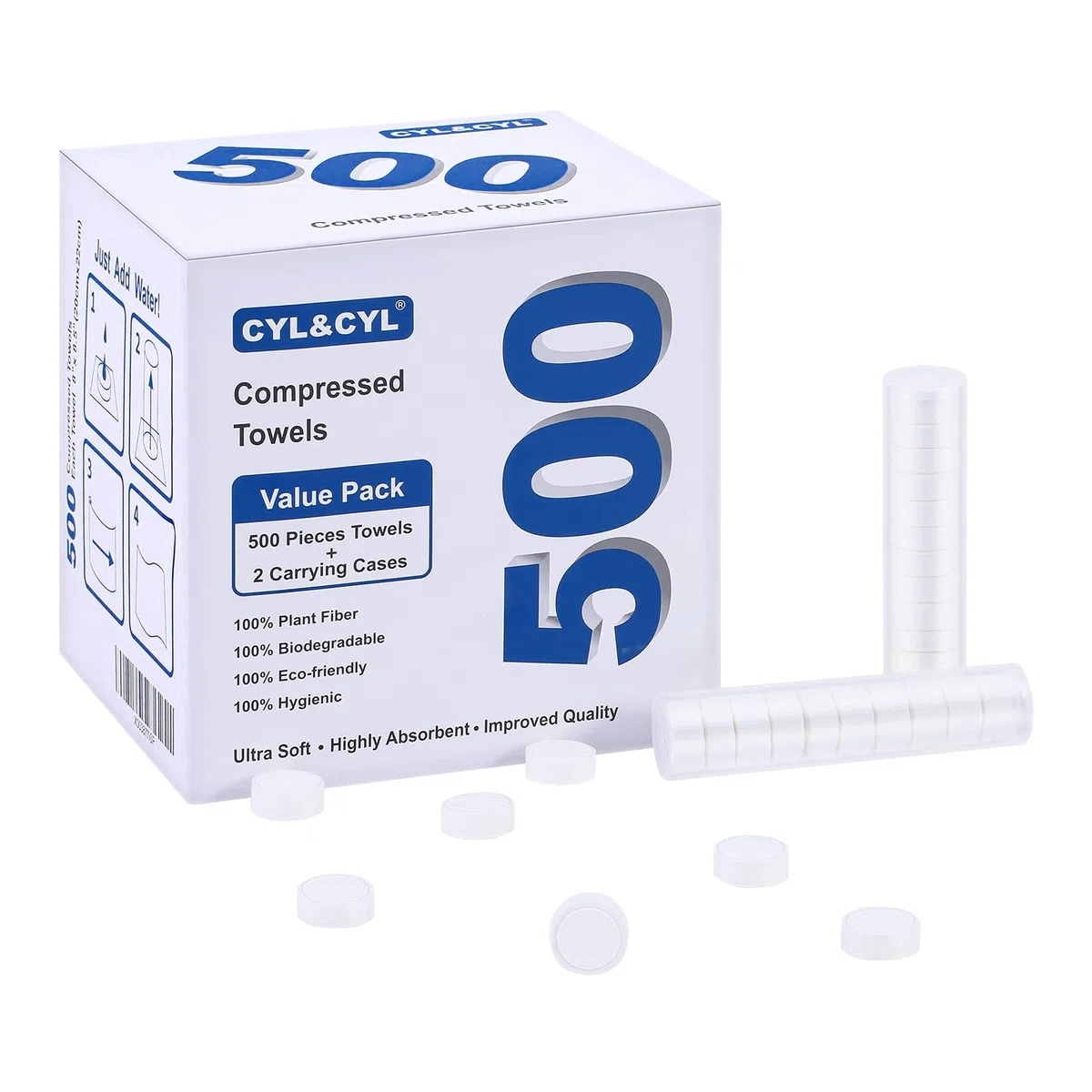 Paquete de 500 toallas comprimidas desechables ultra suaves con 2 fundas de transporte, toallitas de viaje de algodón, toalla mágica de mini moneda, pastillas de papel higiénico, para el hogar, baño,
