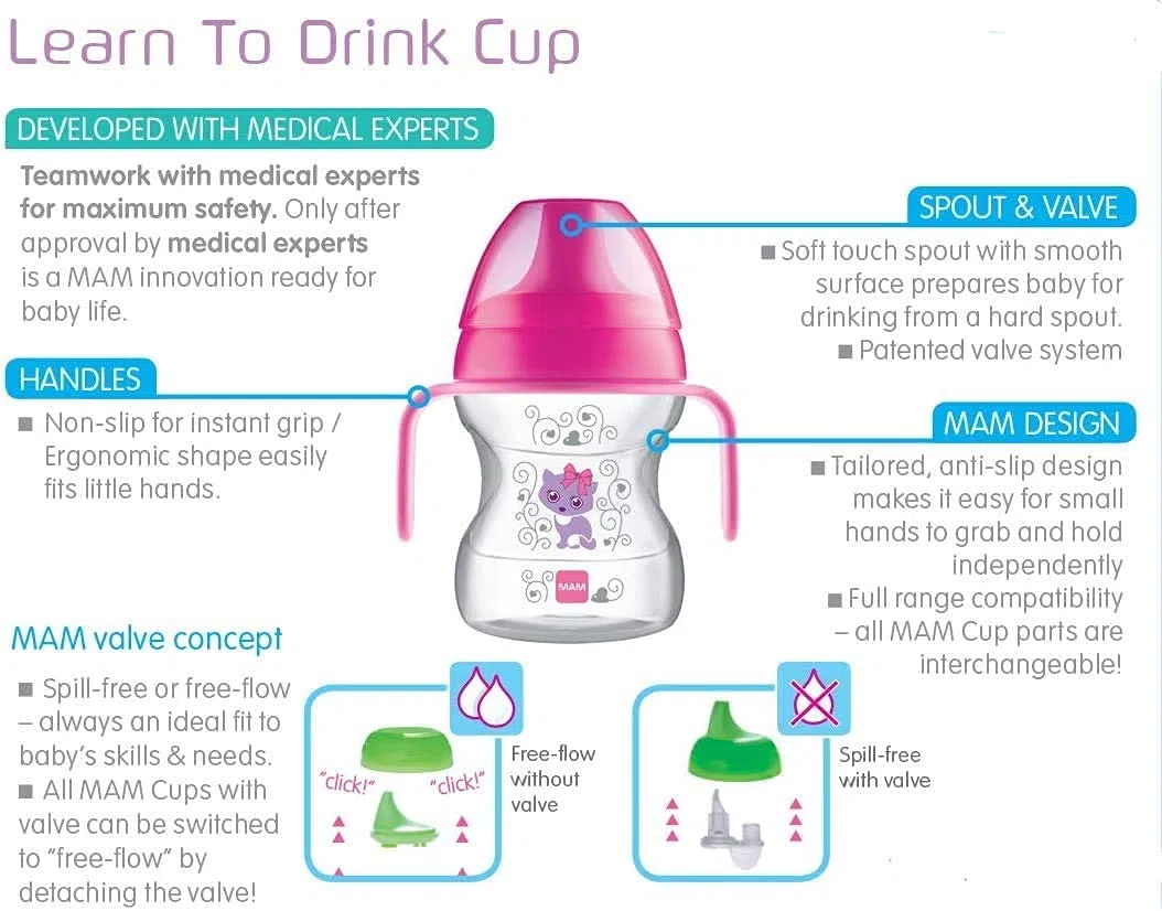 Intrucciones en lengua extranjera - Taza de iniciación relajante, 150 ml de MAM rosa