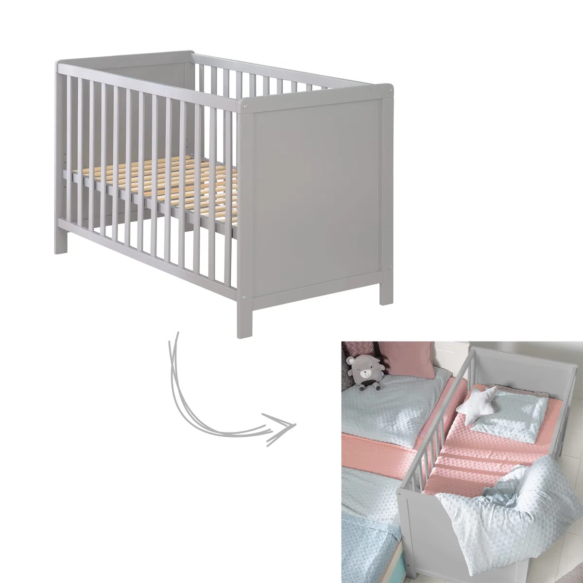 roba Cuna Colecho 60 x 120 cm, 2en1, Convertible en Cama de Bebé Independiente, Ajustable en Altura, 5 Barrotes Desmontables, Madera Gris