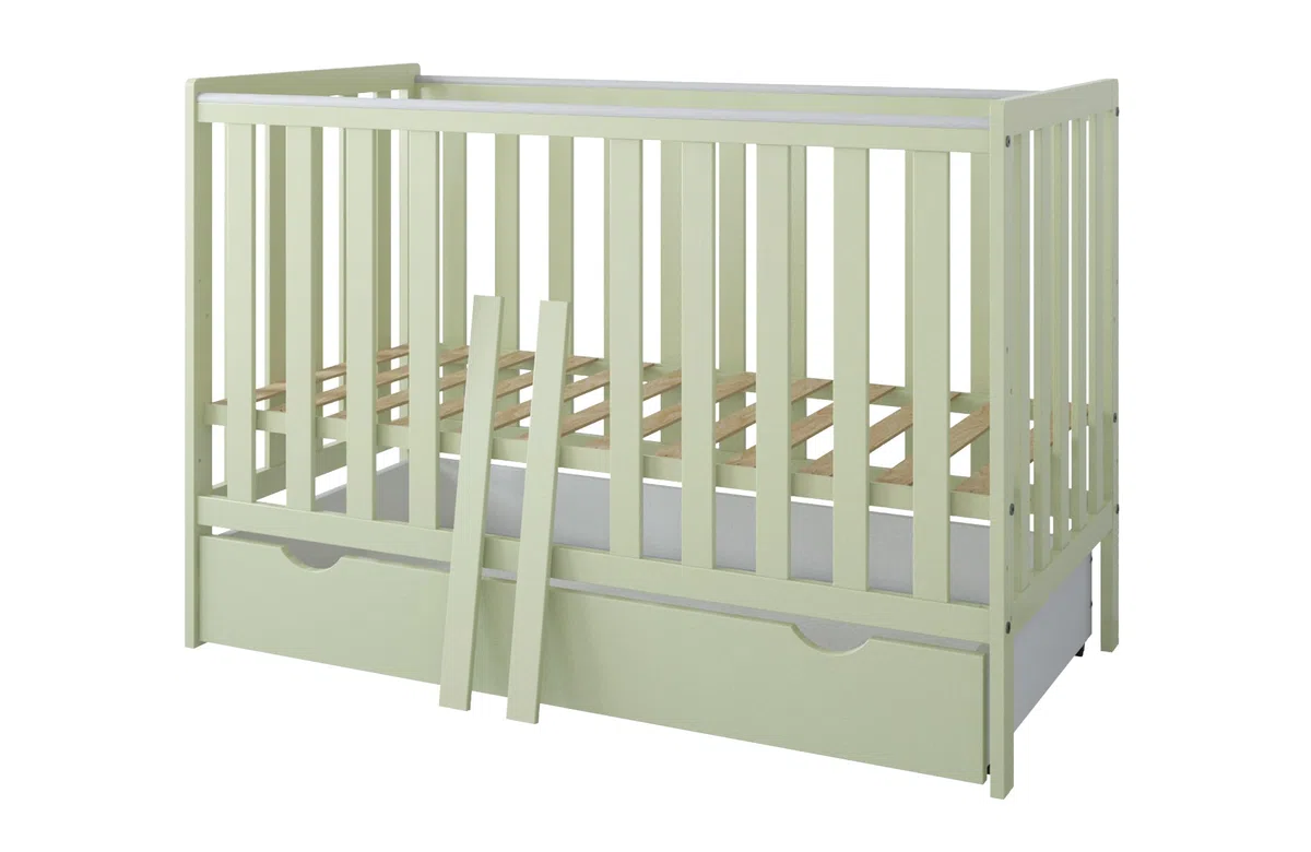 zee Cuna Bebé LUMI 120x60 cm 2 en 1 Convertible en Cama Infantil Verde Menta con Cajón y Barandilla Seguridad Madera de Pino Altura Regulable EN 716