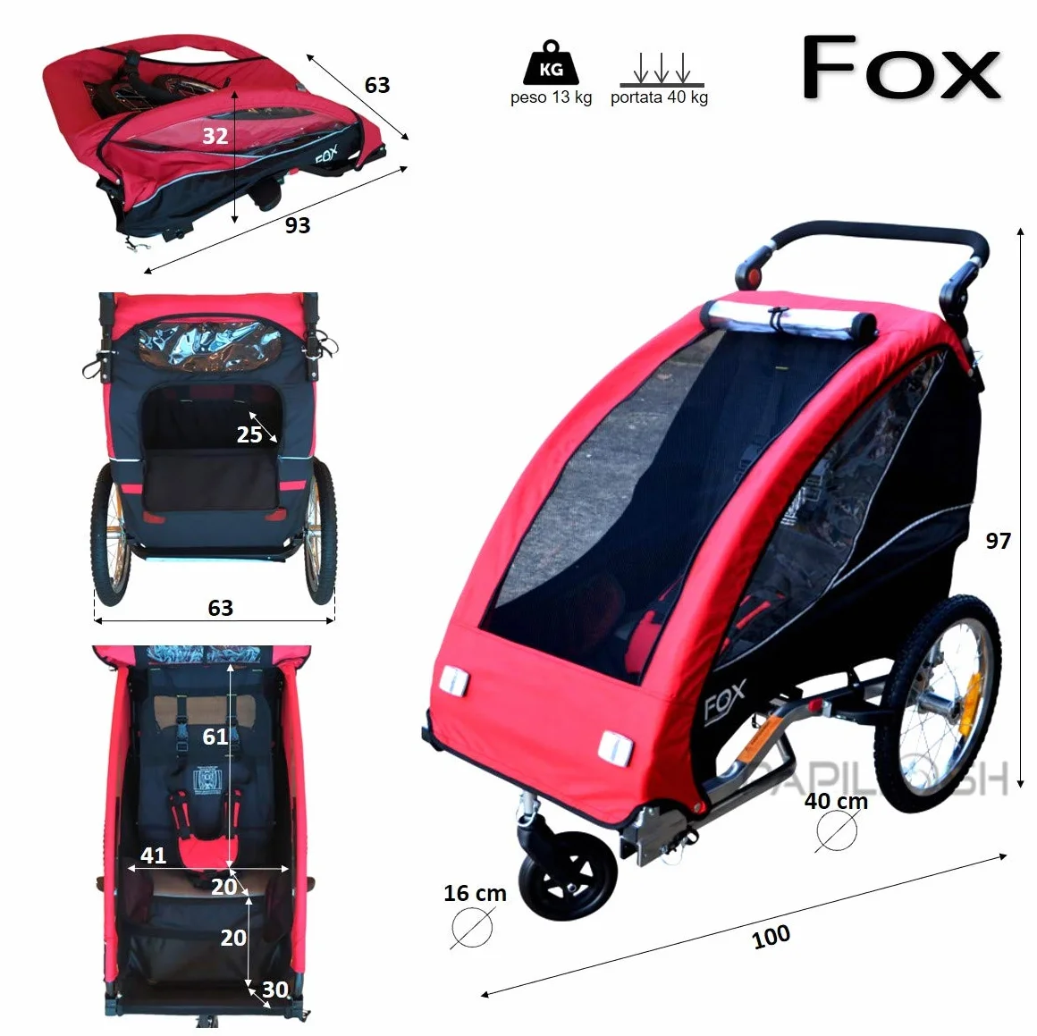 PAPILIOSHOP FOX Remolque cochecito para el transporte de 1 niño en bicicleta