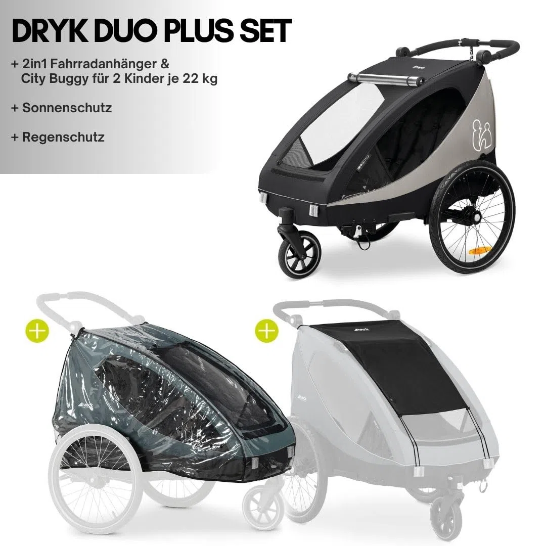 Hauck Dryk Duo Plus - Remolque de bicicleta y cochecito para 2 niños (6-48 meses), incluye protección contra la lluvia, toldo, barra de remolque, rueda de buggy, bandera y luz LED, color negro