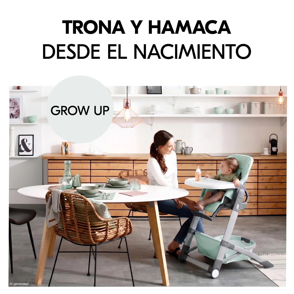 hauck Grow Up Tronas de Bebe Plegables Aptas desde el Nacimiento – Silla Alta con Función Acostada - Bandeja - Ruedas - Altura Regulable - Evolutiva - Portátil - Menta