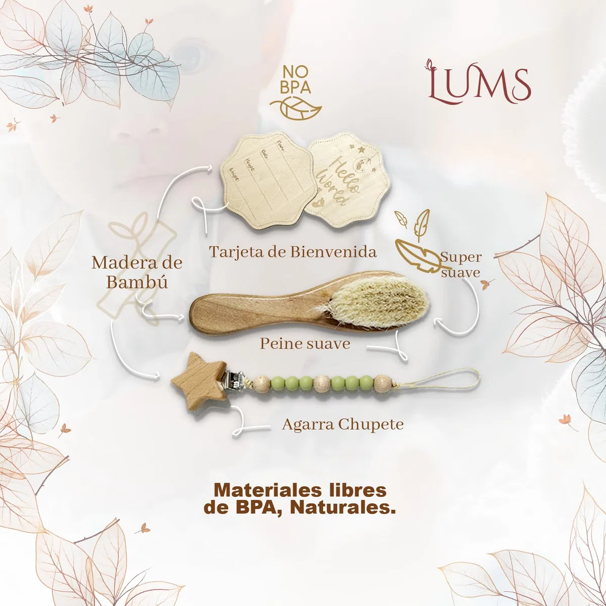LUMS Canastilla Bebé Recién Nacido | Set Regalo 6 Piezas: Marco Huellas, Manta Bambú, Sonajero, Peine, Tarjeta Madera, Portachupetes y Caja Regalo – Cesta Bebé Unisex para Baby Shower, Nacimiento