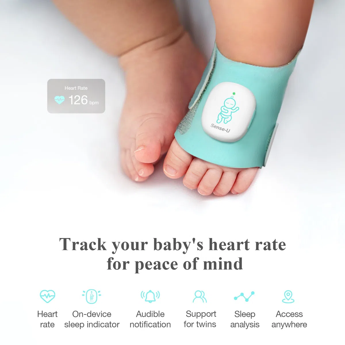 Sense-U Calcetín Inteligente (de Largo Alcance) Monitor para Bebés con Indicador de Sueño y Notificaciones en el Dispositivo, Rastrea Frecuencia Cardíaca y Movimiento Desde Cualquier Lugar