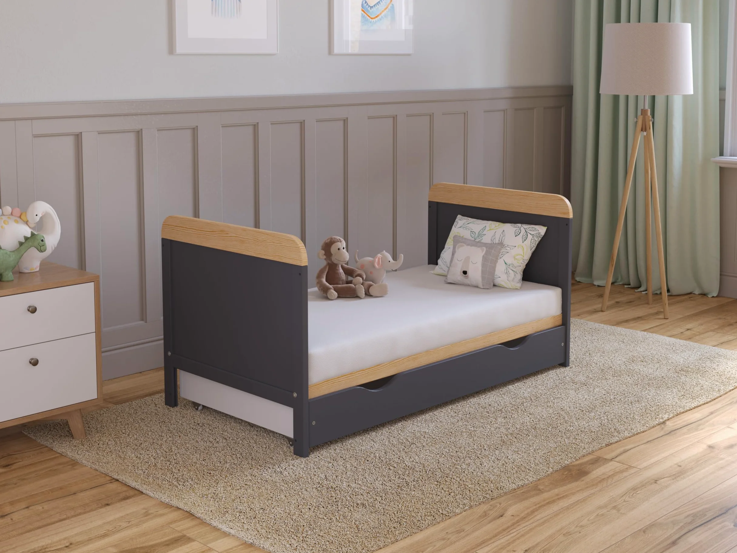 Love For Sleep Cuna Convertible en Cama 120x60 cm - con Cajón & Colchón - Cuna Madera Antracita-Pino, Juego Completo de Cuna - Cuna Cama Bebe Convertible