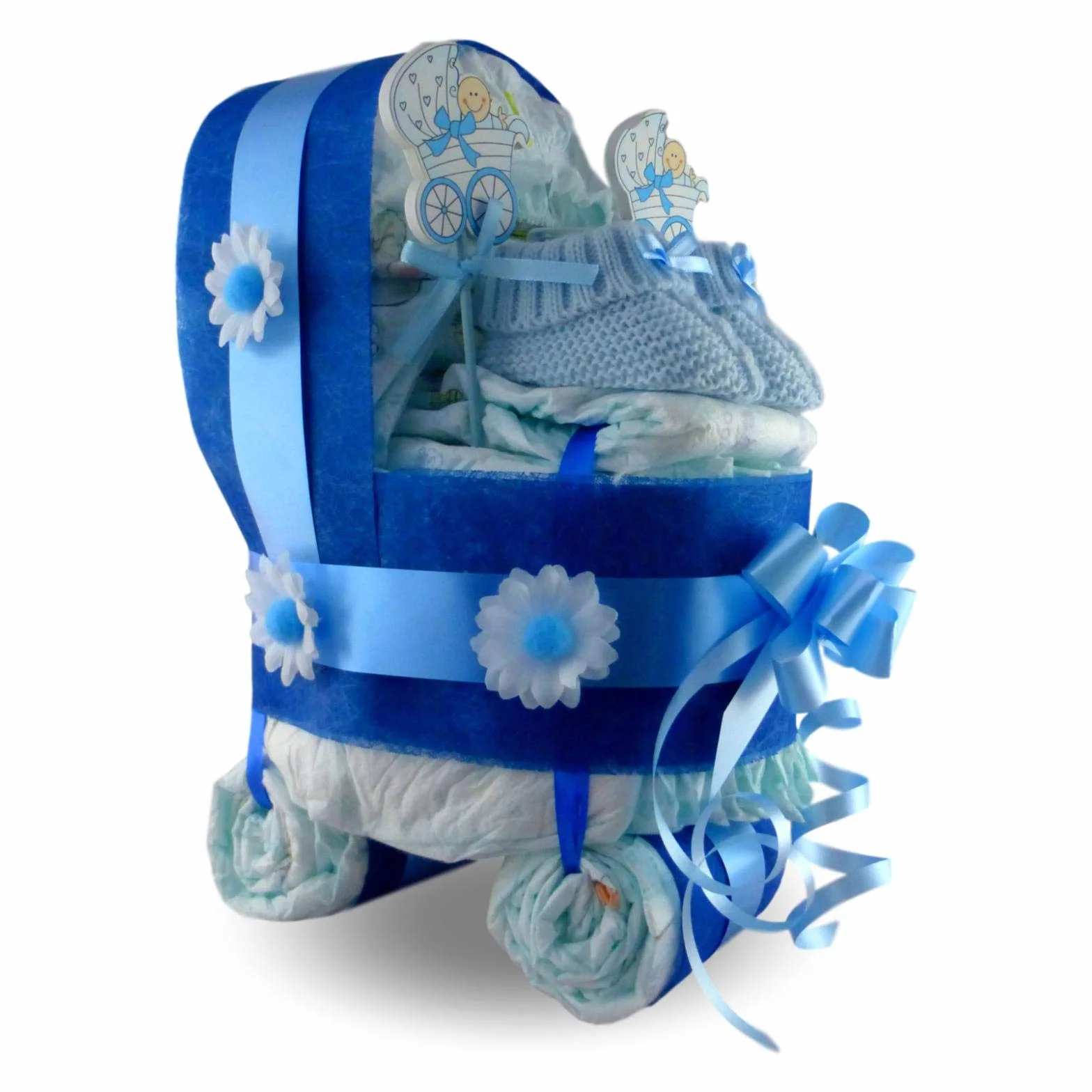 Tarta de Pañales Cochecito - Carrito para Niño (28 Pañales Talla 3, 1 Par de Patucos, 2 Picks, Azul)