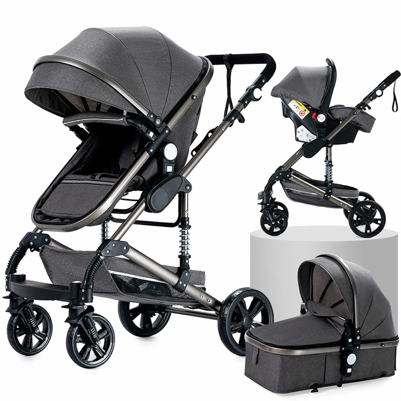 3 en 1 Sistema de Viaje Para Bebé 3 en 1 Cochecito de Paisaje Alto Carrito con Capazo Silla de Paseo Cochecito de Bebé Reclinable Cochecito Estándar Plegable de Recién Nacido (grey 739)
