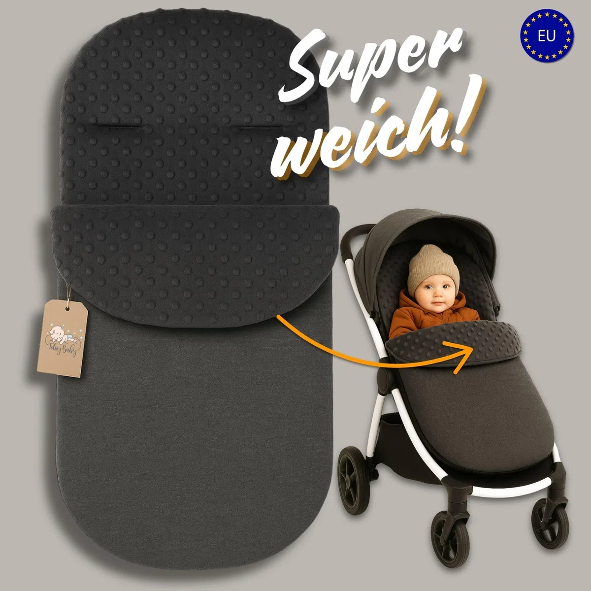 Saco para Carrito y Buggy de Invierno 90x45 cm - Saco de Invierno Forro Cálido Manta Envolvente Accesorio Bebé cálido Minky certificado Oeko-Tex Beige con estrellas blancas