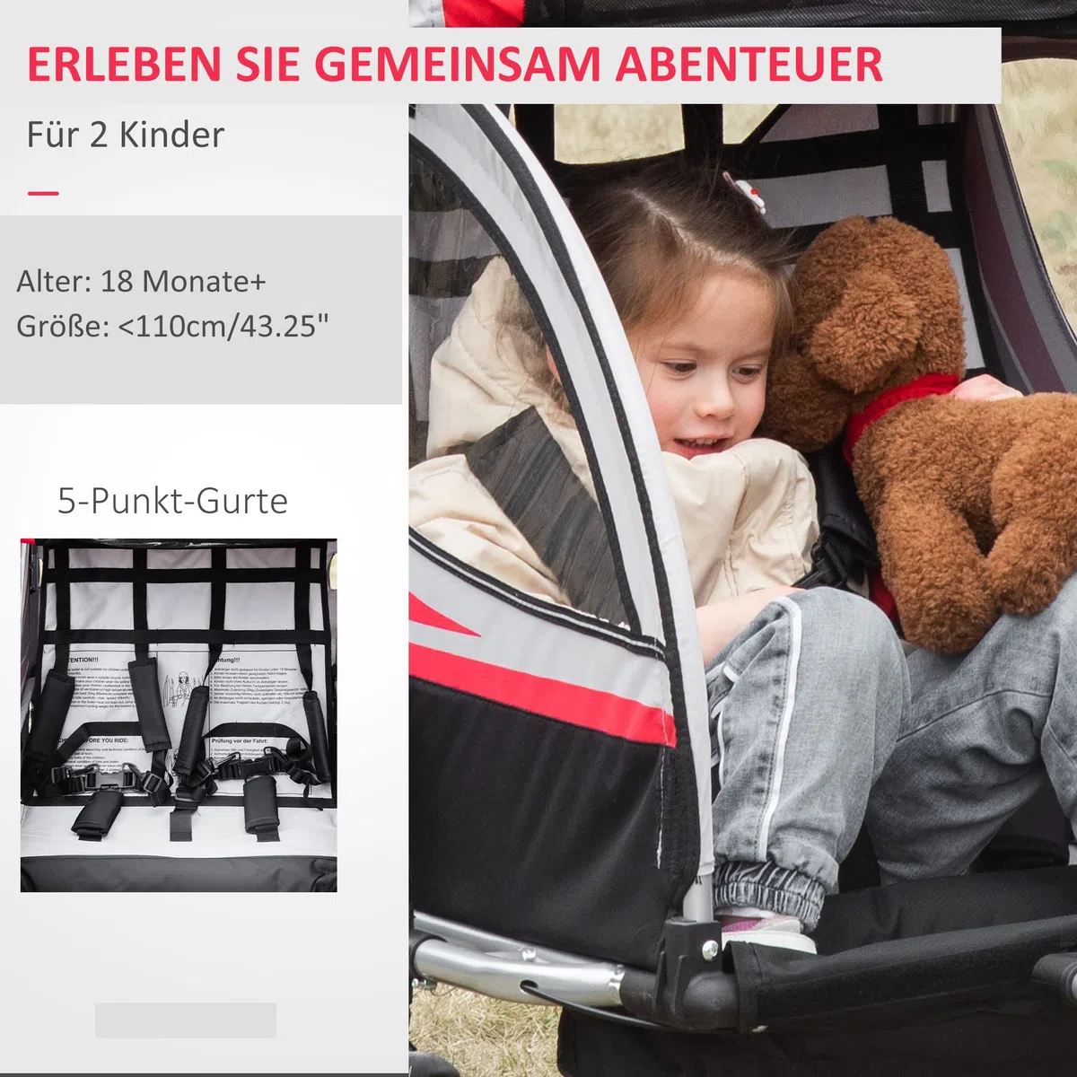 HOMCOM Remolque de bicicleta 2 en 1, con puerta de malla para 2 niños, cochecito con freno, colgante con bolsa de almacenamiento, tela Oxford, rojo+negro, 142 x 75 x 101 cm