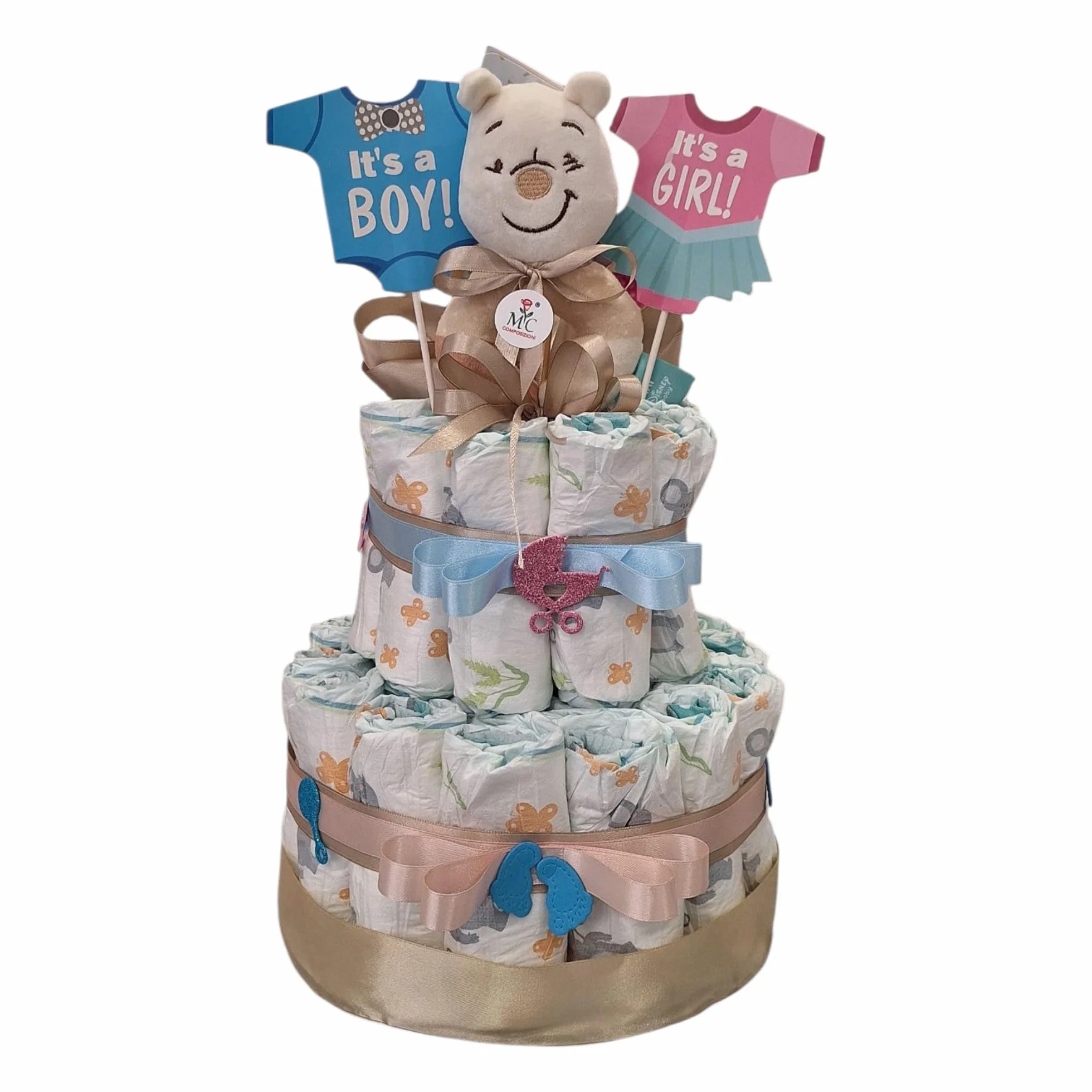 MC MC - Tarta de pañales con composiciones de diseño unisex con temática de niño y niña, regalo para baby shower o nacimiento