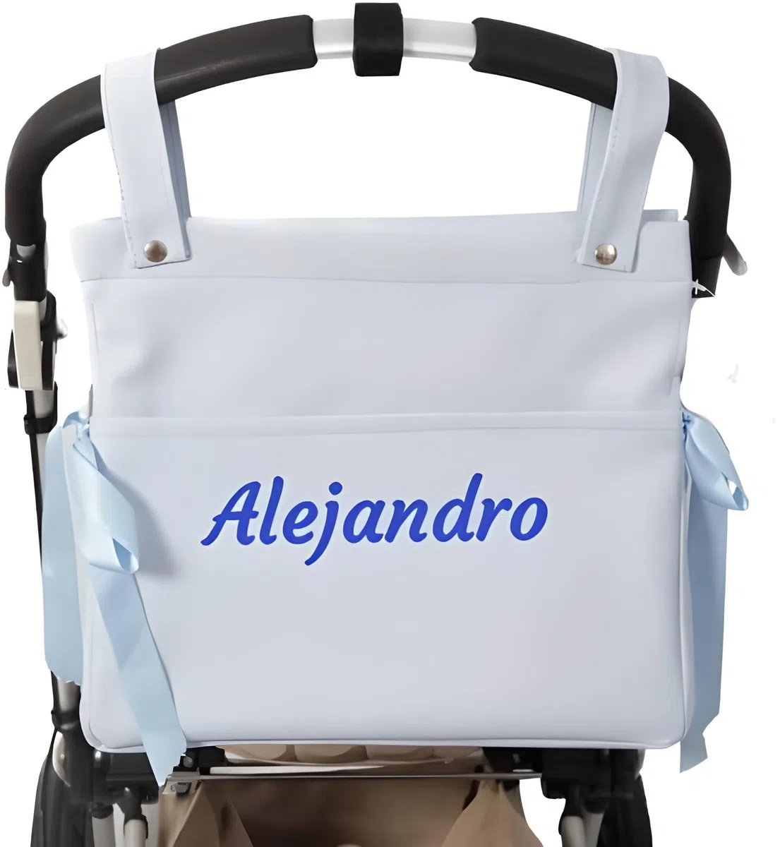Danielstore - Bolso Carro Bebé Personalizado | Organizador Pañaleras con Nombre | Diseño Urbano y Elegante | Bolsillos Internos y Externos | Fácil Limpieza, Azul, 40x35x10 cm, Polipiel