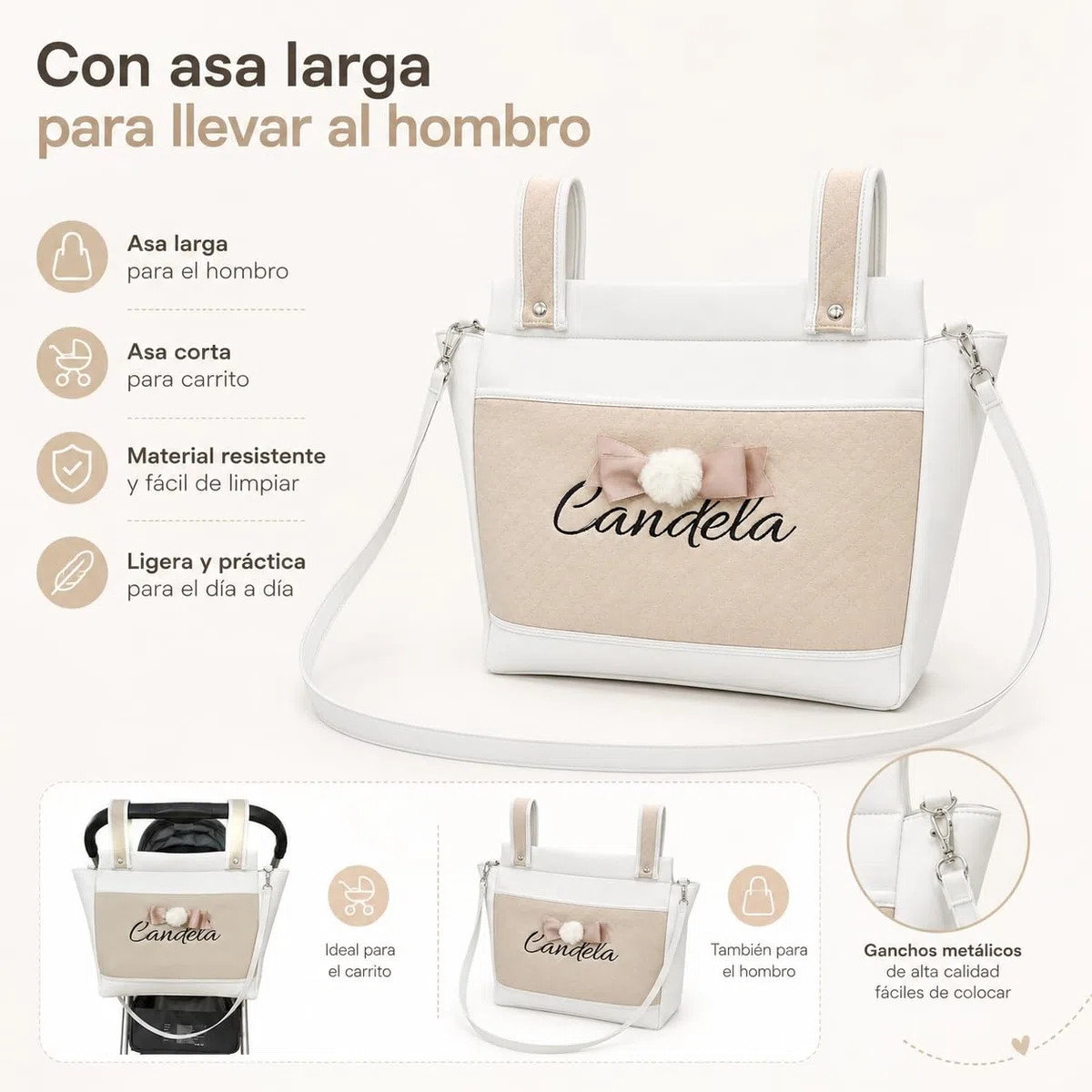 various Bolso Carro Bebe Polipiel Pañalera Organizador Personalizado con Nombre Bordado Bolsa Maternidad Bolso Hospital Bebé con asa larga para colgar