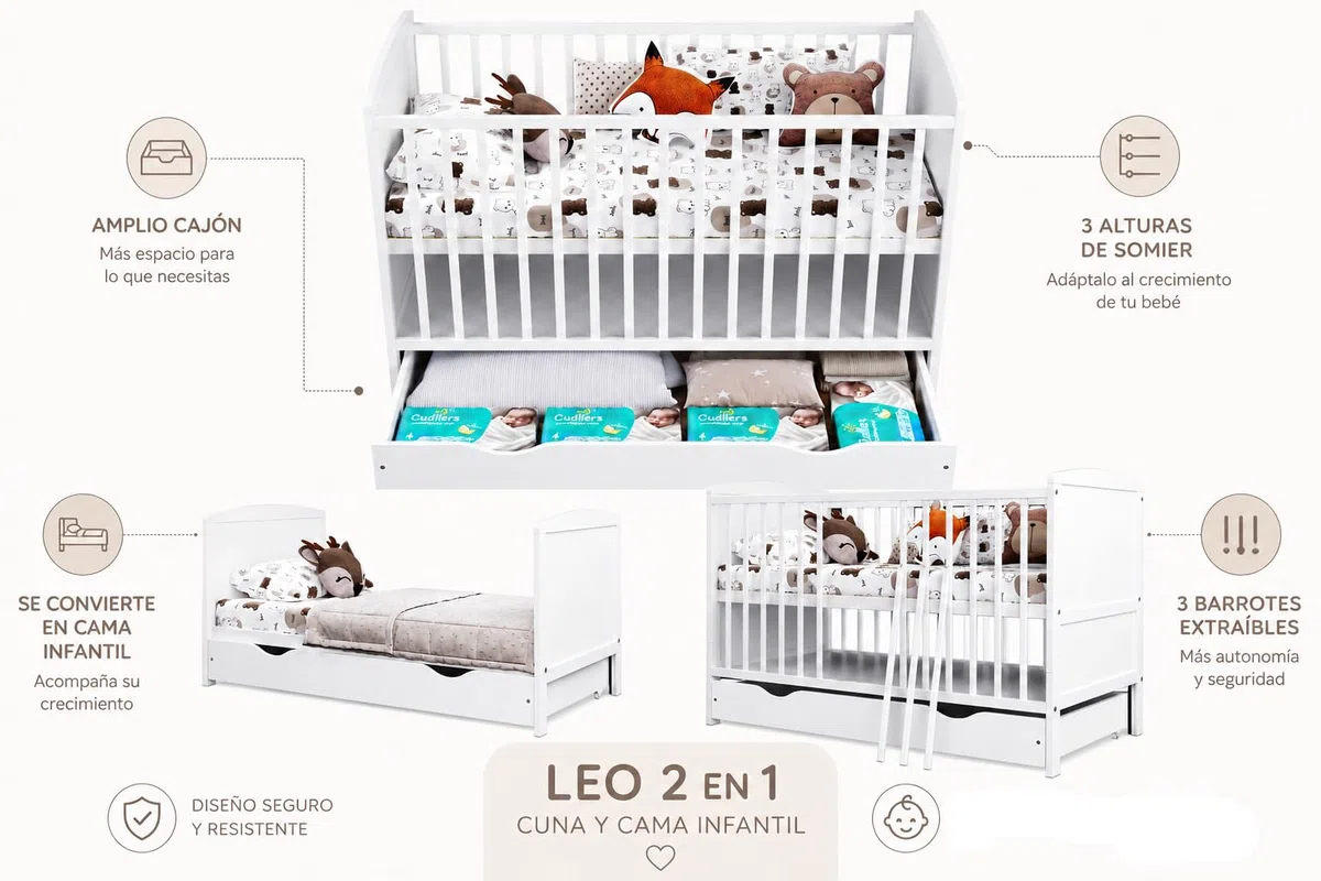 Genérico Cuna Bebé Convertible 60x120 cm con Cajón, 3 Alturas de Somier, 3 Barrotes Extraíbles, Cama Infantil Evolutiva Blanca (sin colchón)