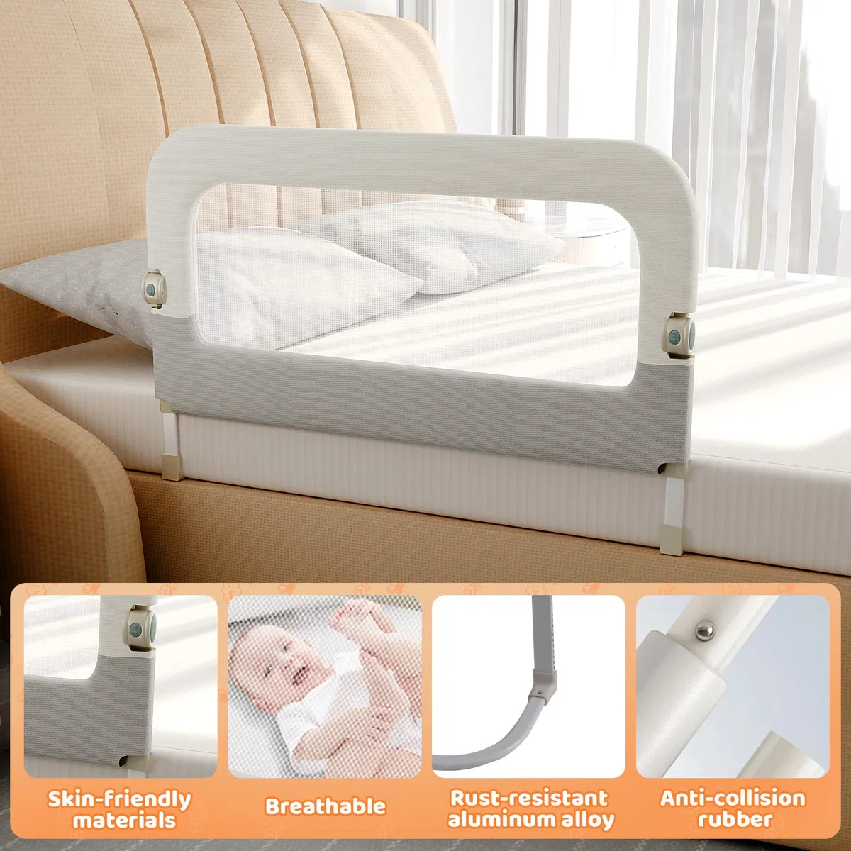 omzer Barandilla de cama para niños pequeños – Barandilla lateral de cama de bebé de 32 pulgadas para cuna de niño pequeño – Rieles de seguridad de altura plegable y ajustable – Barrera protectora de