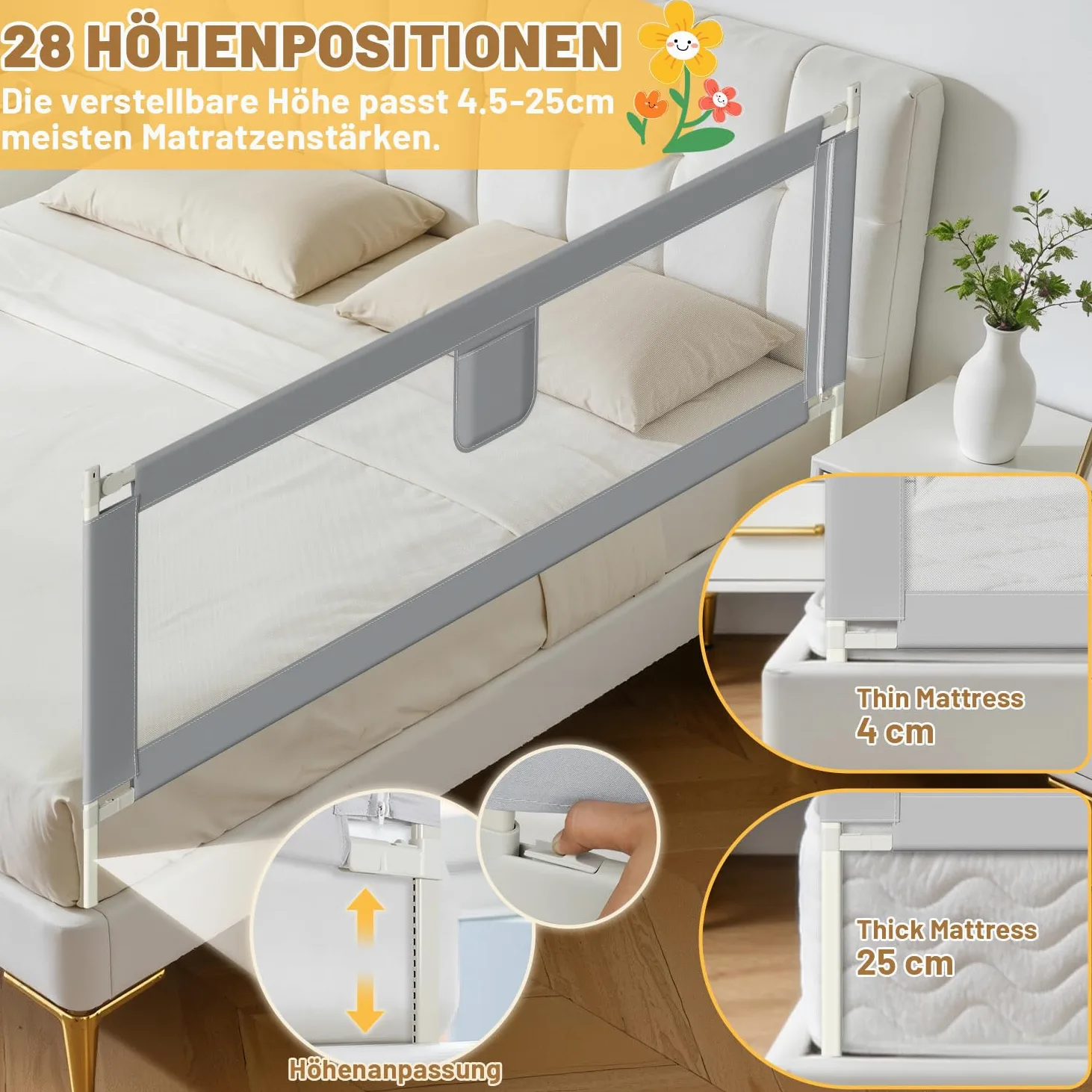 Ikodm Barrera para cama de 200 cm x 2 + 180 cm x 1, altura regulable 64-96 cm, para bebés y niños, con interruptor de doble botón, fácil montaje, color gris